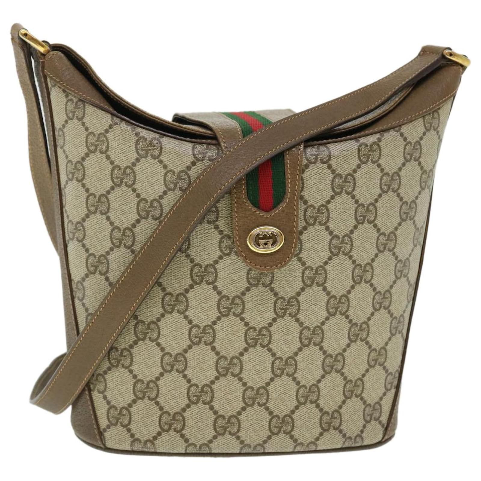 GUCCI GG Canvas Web Sherry Line Shoulder Bag PVC Leather Beige