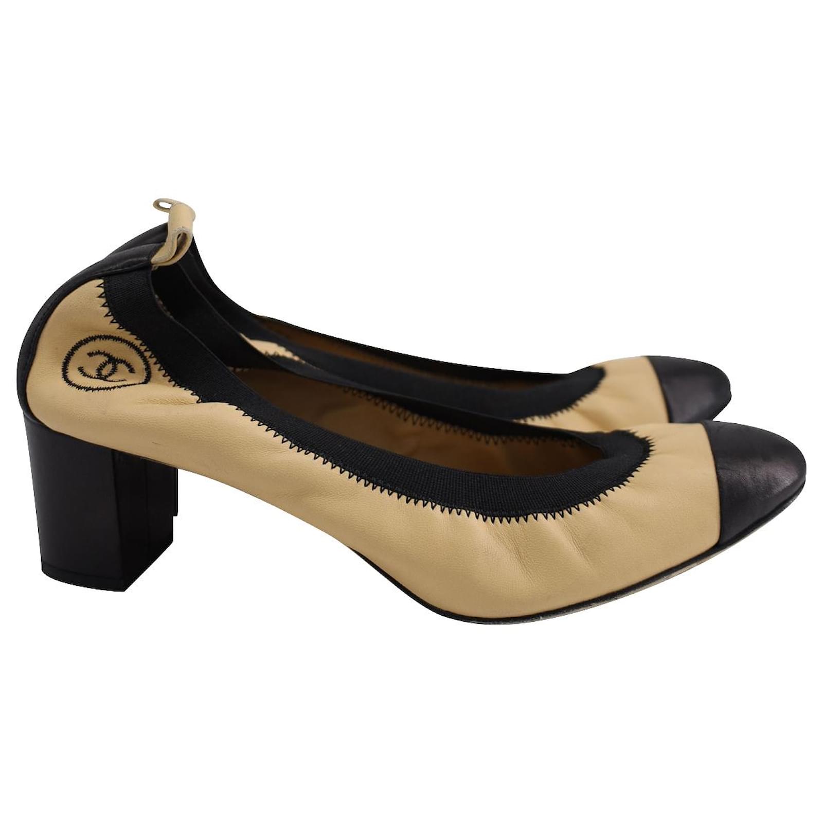 Chanel Two Tone Pumps in Beige Leather Pony-style calfskin ref