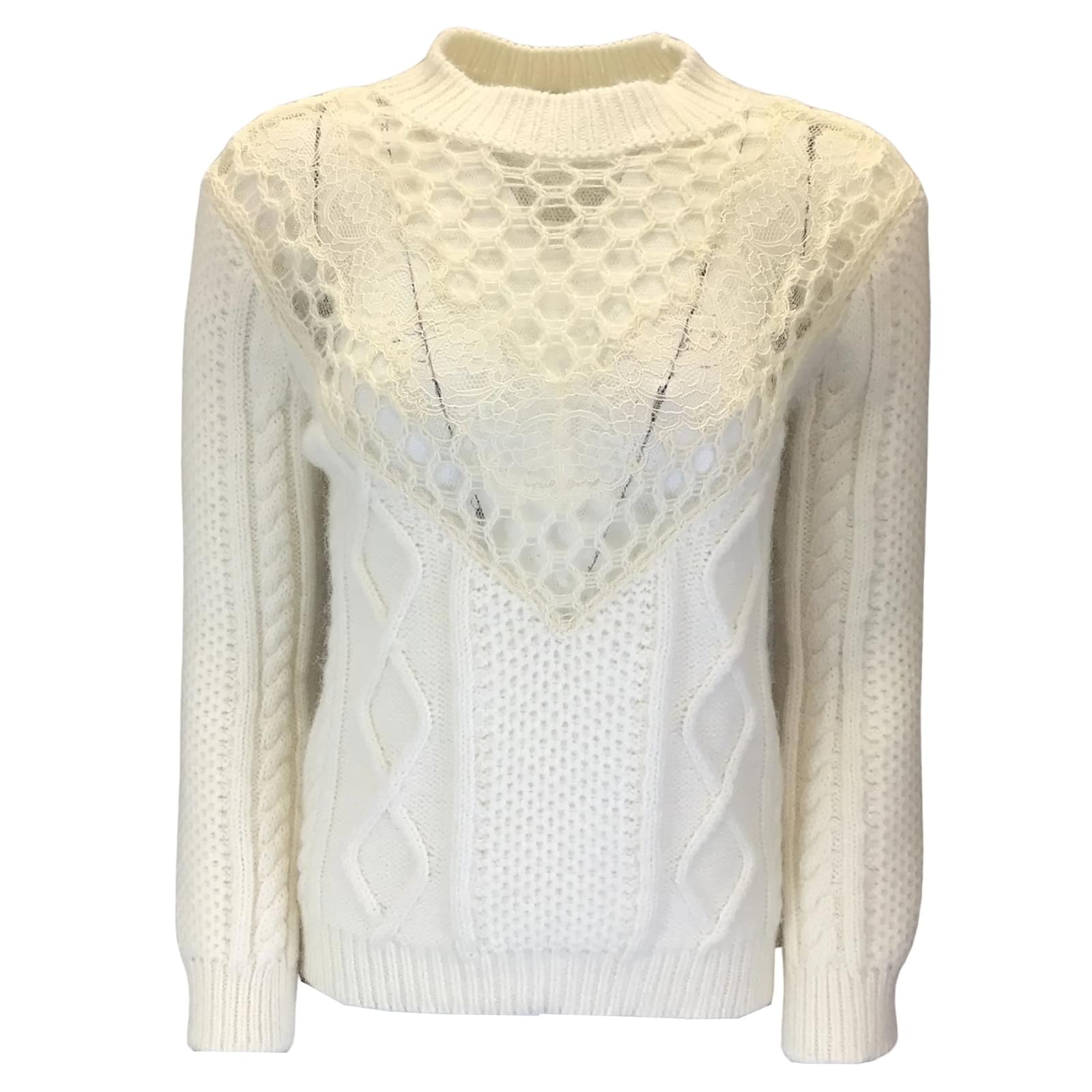 RED Valentino Ivory Lace Detail Mohair Sweater Cream Wool