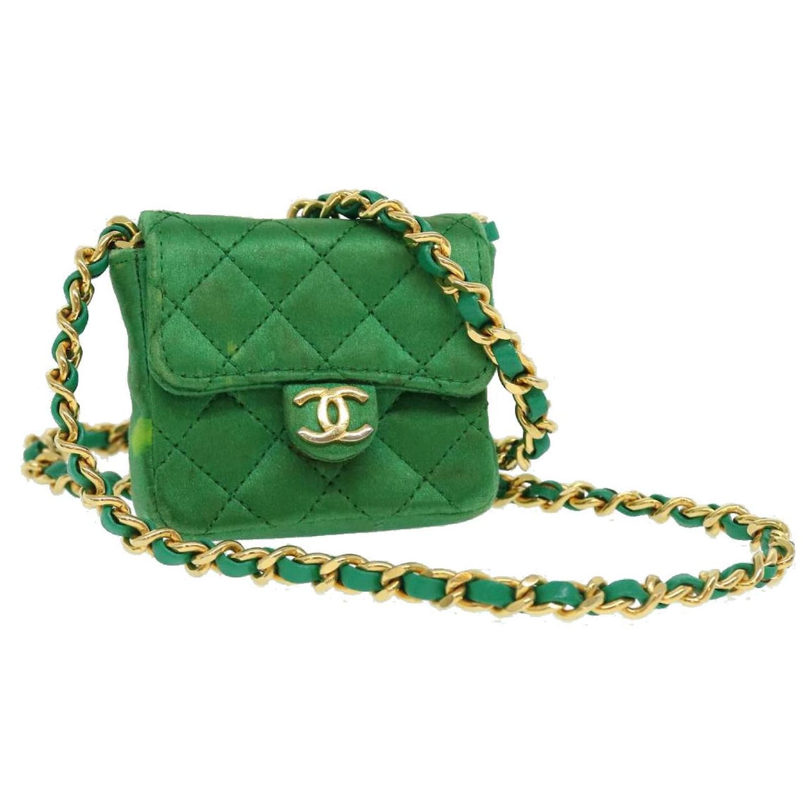 CHANEL Mini Matelasse Chain Pouch Shoulder Bag Satin Green Gold CC