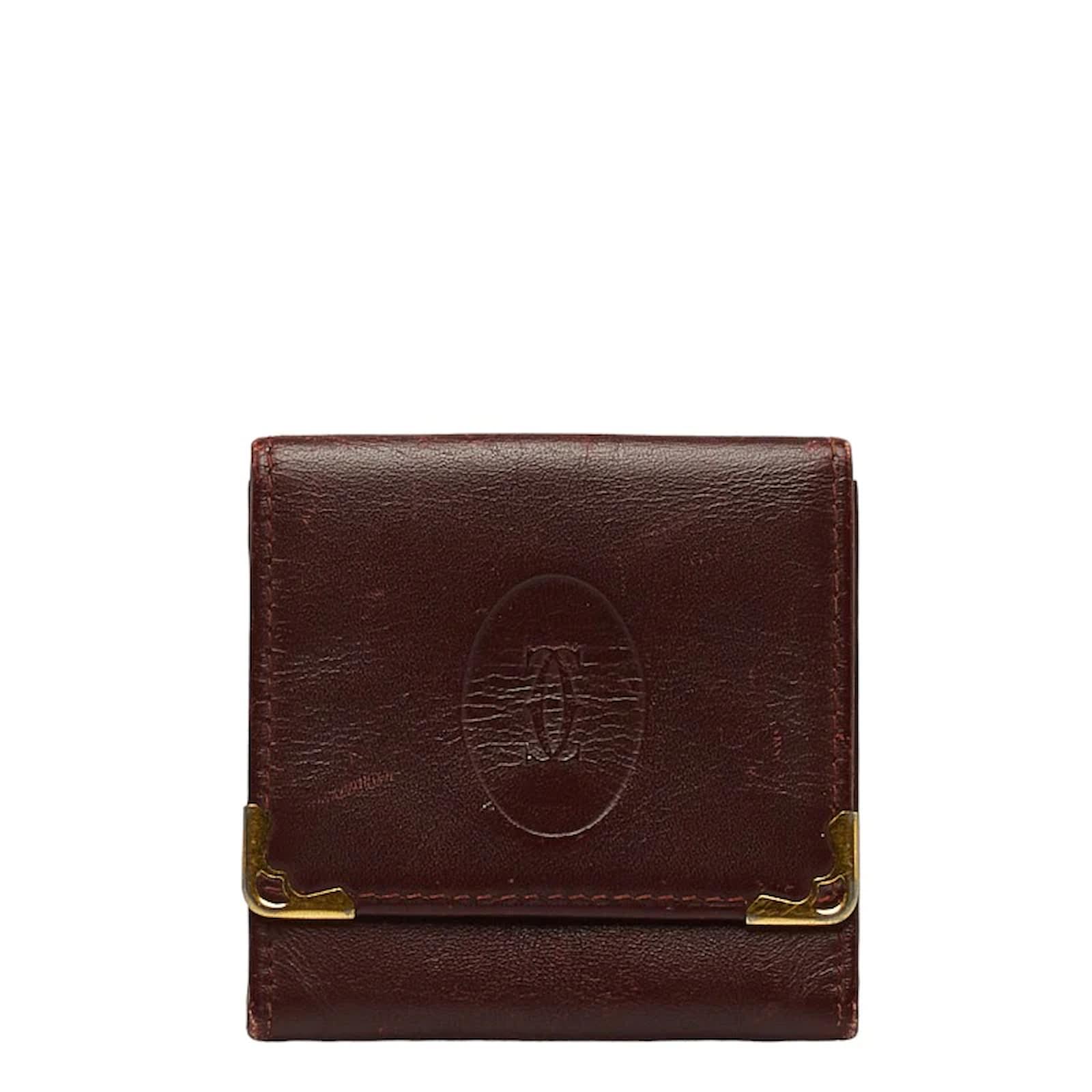 Used BC/Used] CARTIER Coin Case Coin Purse Must Line Bordeaux Gold Border  Square Unisex Coin Case 20439721