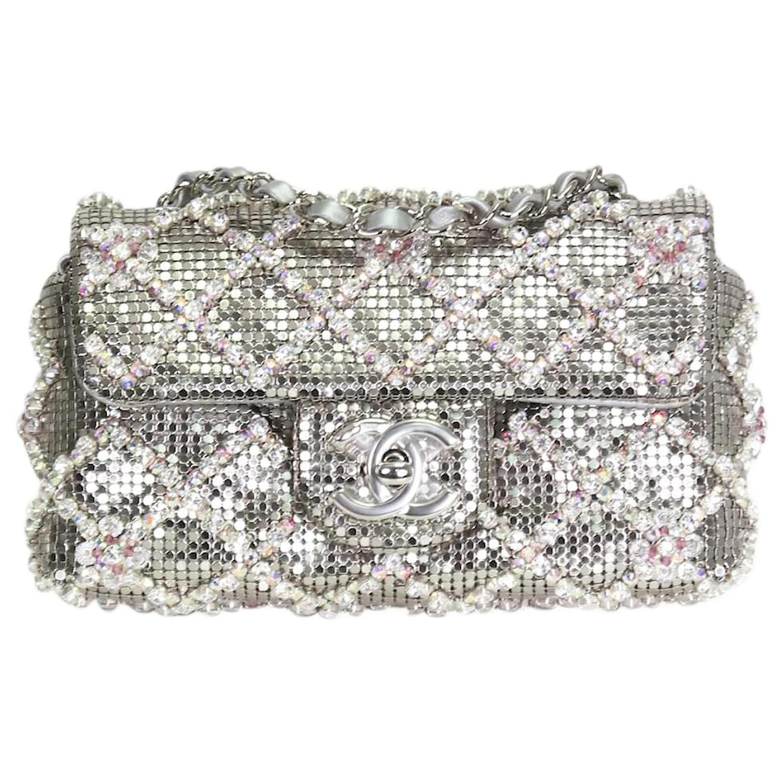 Chanel Silver crystal embellished mini square Classic silver hardware  single flap Silvery ref.1055480 - Joli Closet