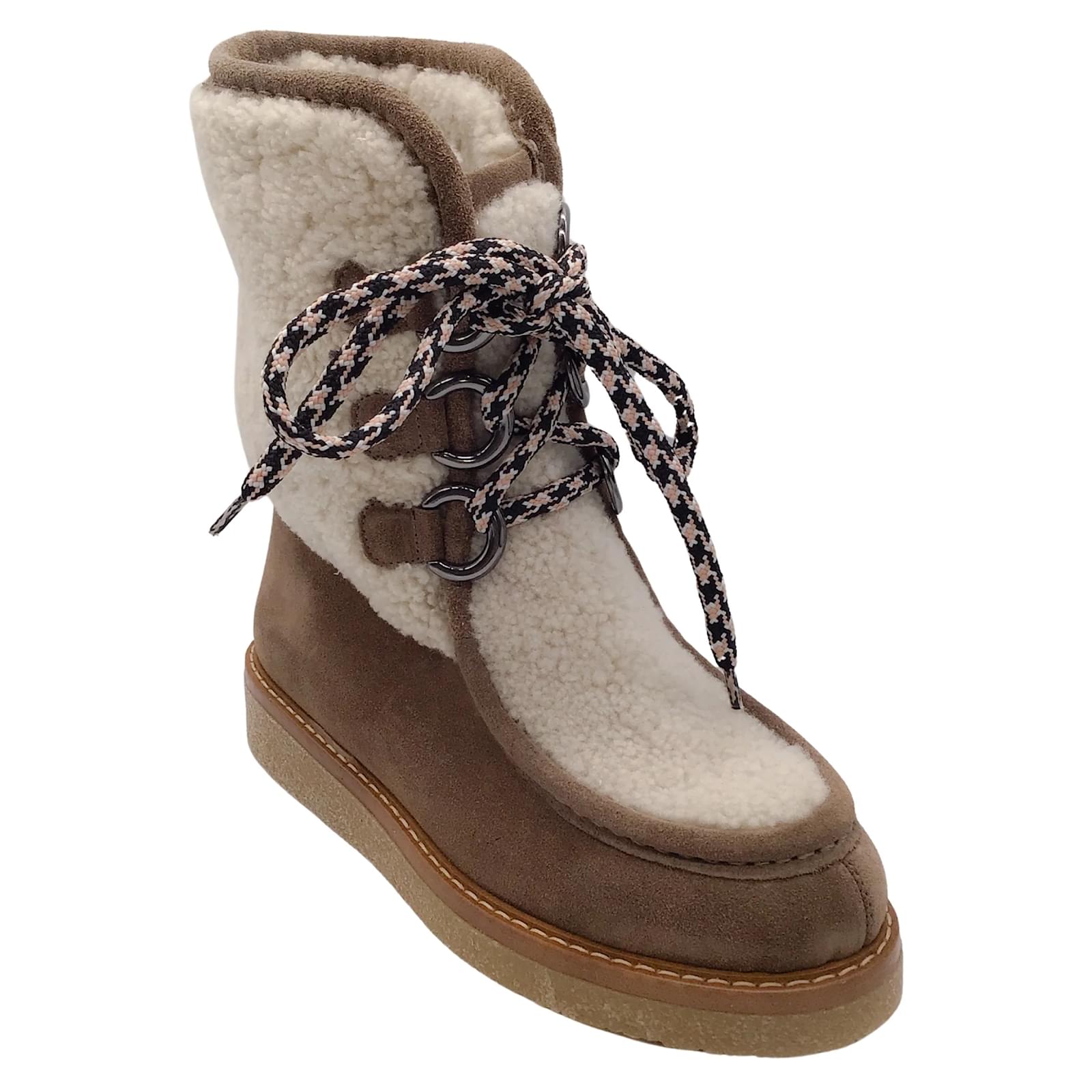 Aquatalia Taupe Ivory Suede and Shearling Lace Up Boots