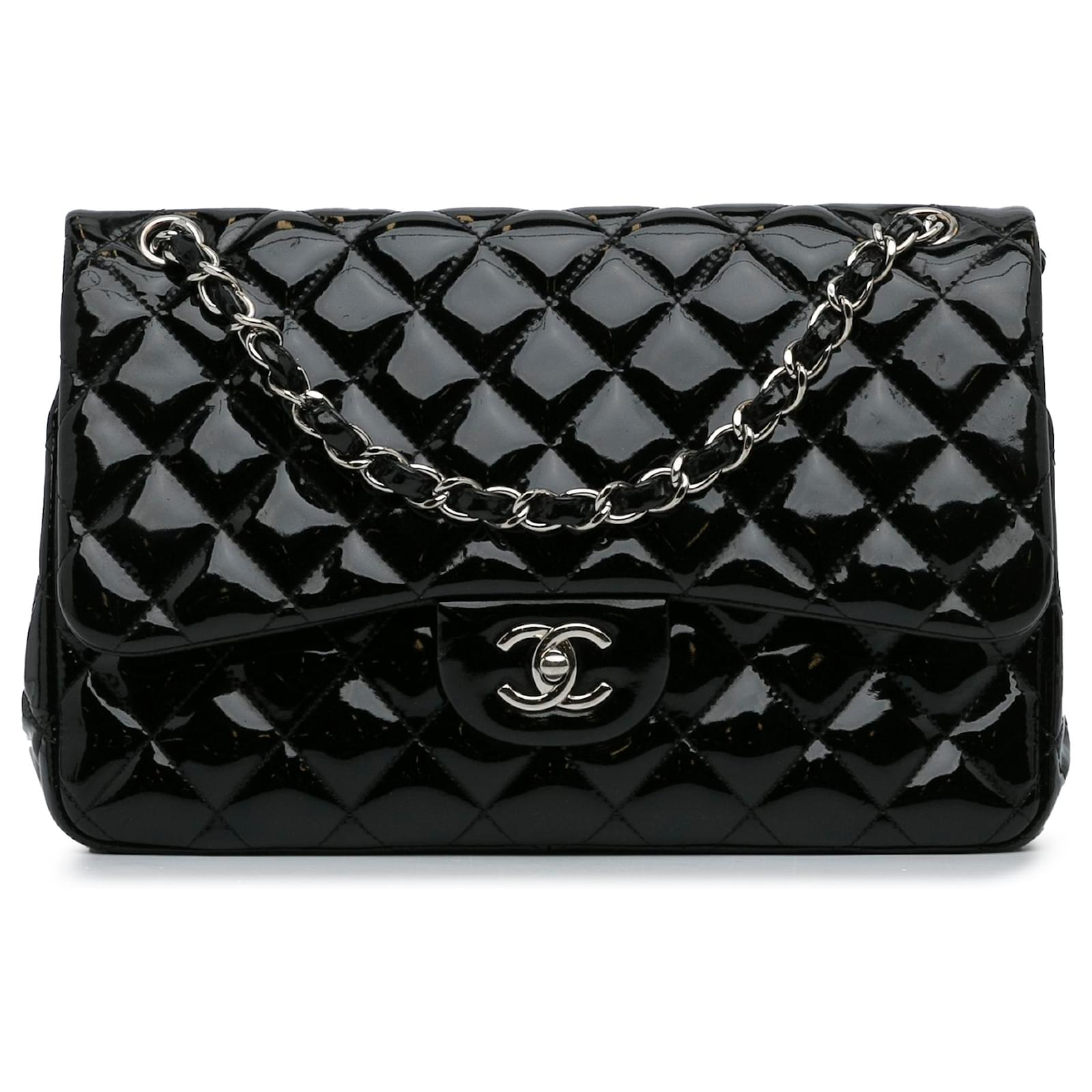 Chanel Black Jumbo Classic Patent lined Flap Leather Patent