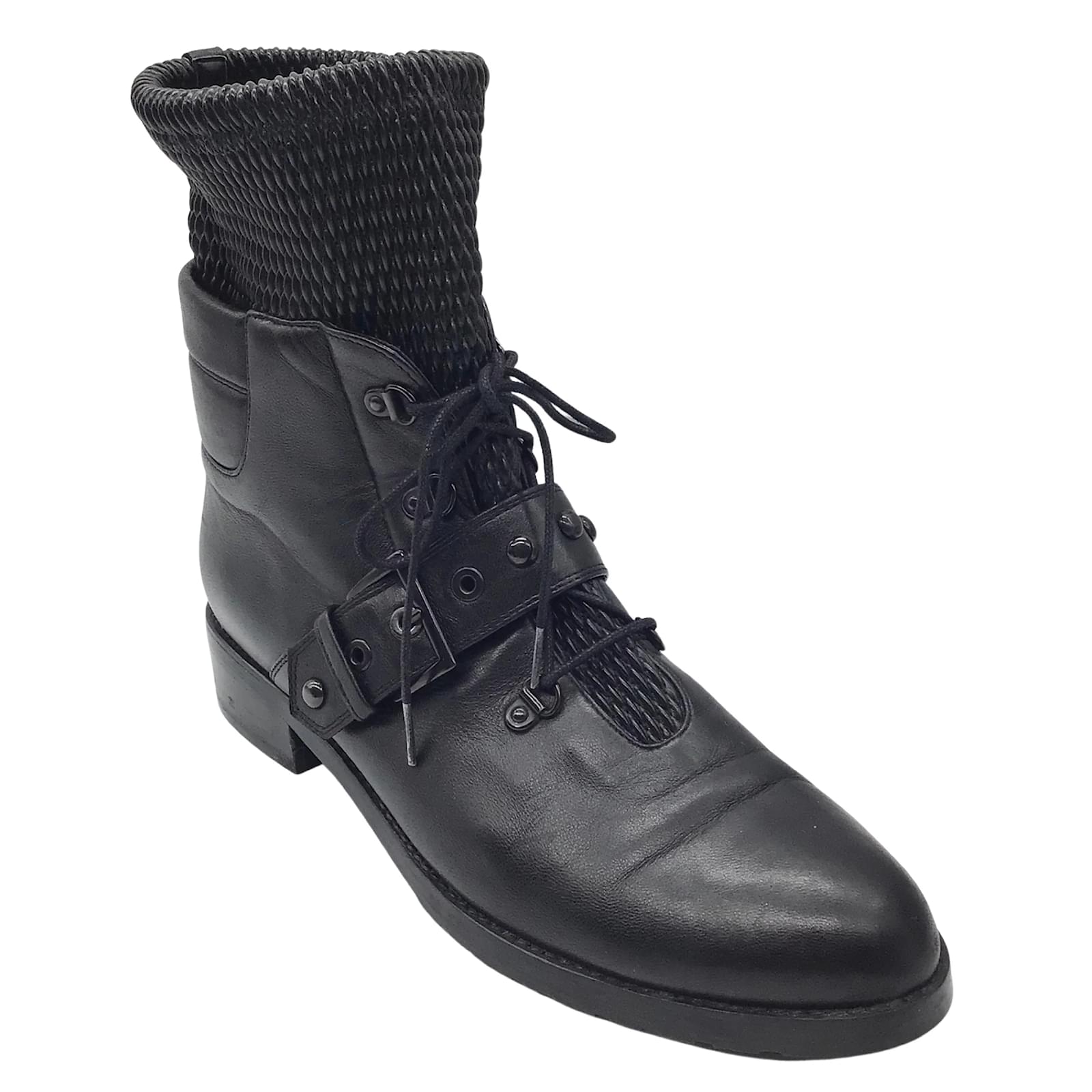 Stuart Weitzman Black Stitchwork Lace-Up Leather Combat Boots ref