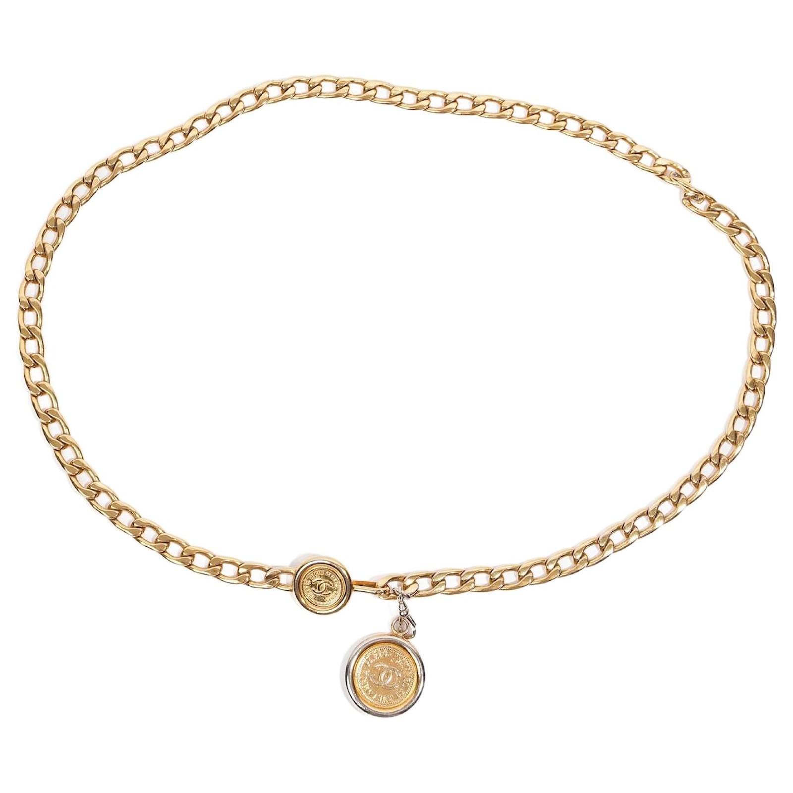 Chanel Gold CC Medallion lined Chain Belt Necklace Golden Metal