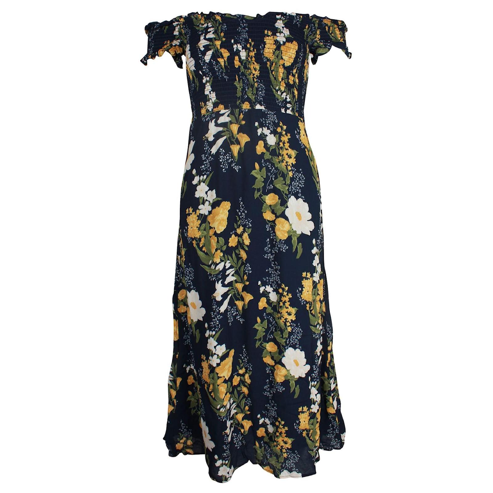 Reformation Bleu marine/ Robe midi à épaules dénudées et imprimé