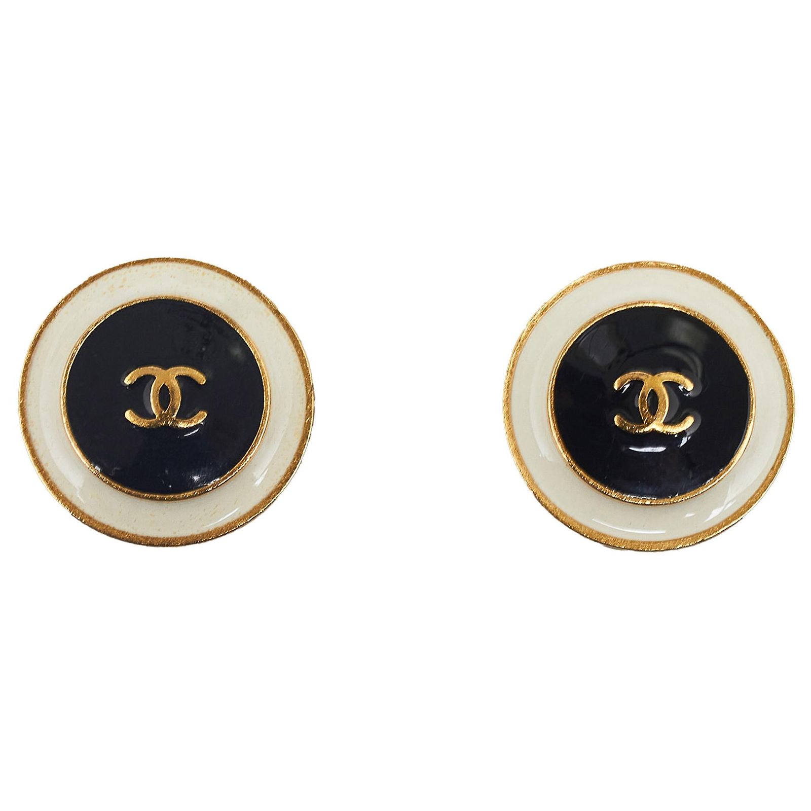 Boucles D'oreilles Clips Dorées Avec émail Noir - Occasion Très Bon état