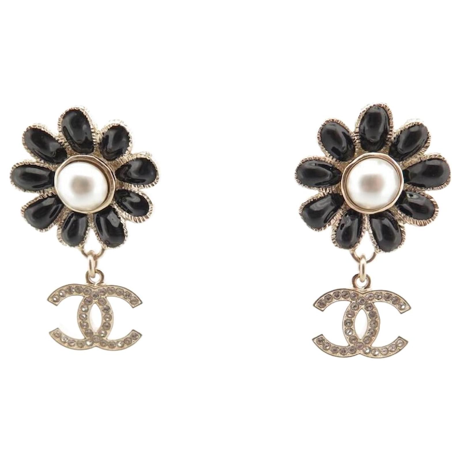 Chanel Earrings CC Logo Black Silver Rhinestone Drop Pearl