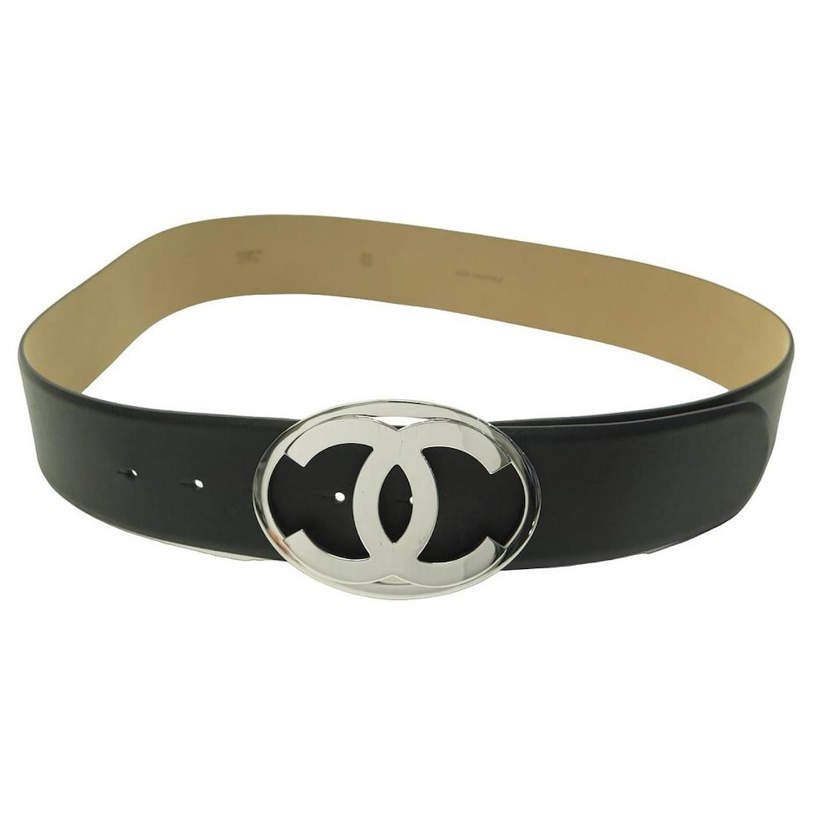 Belts Chanel Chanel Belt Buckle CC Logo 90 cm in Black Leather & Silver Metal Leather Belt
