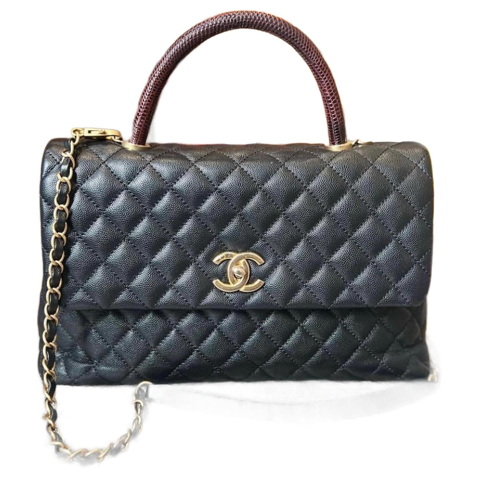 Handbags Chanel Chanel 2018 Limited Edition Medium Black Caviar Quilted Rare Lizard Burgundy Coco Handle Bag