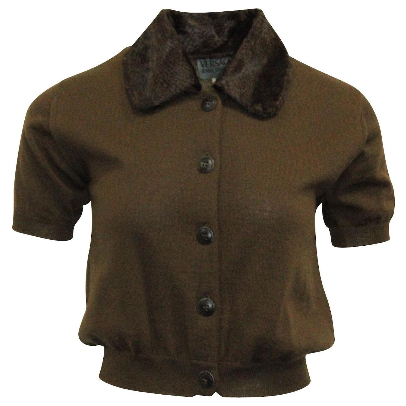 Versace Brown Short Sleeve Cardigan with Faux Fur Collar Wool ref