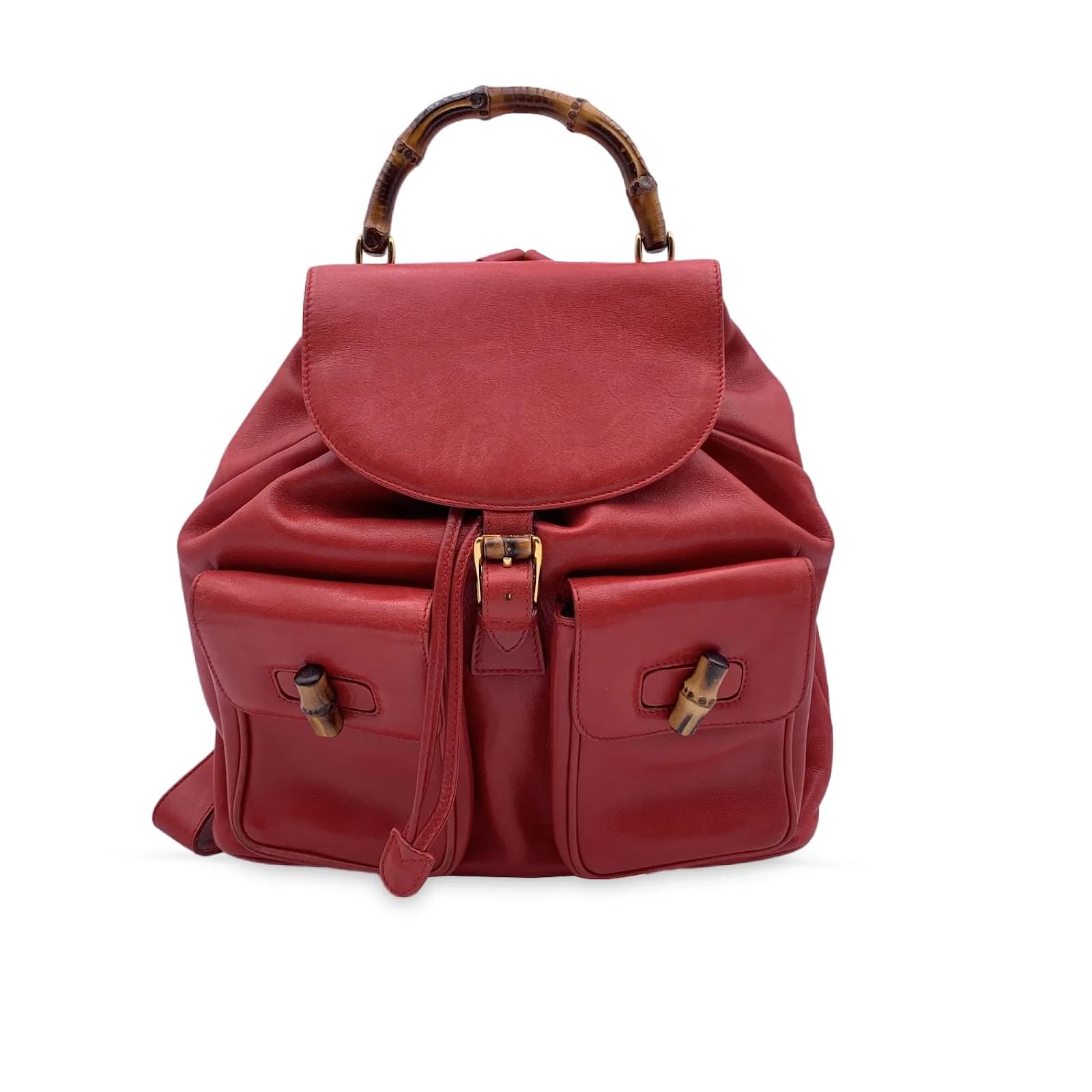 Vintage Red Leather Bamboo Backpack Shoulder Bag