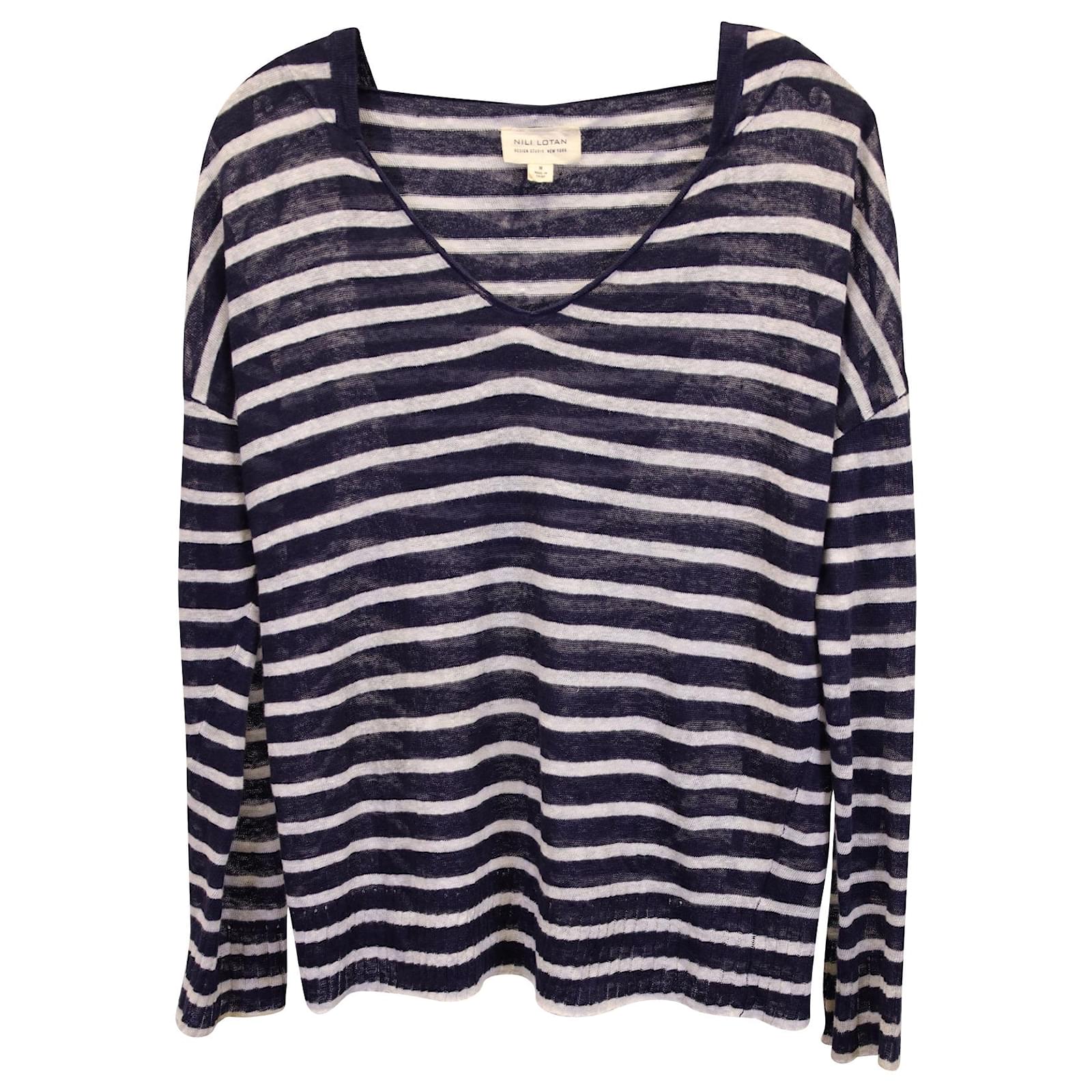 Nili Lotan Striped Hooded Sweatshirt in Navy Blue Linen