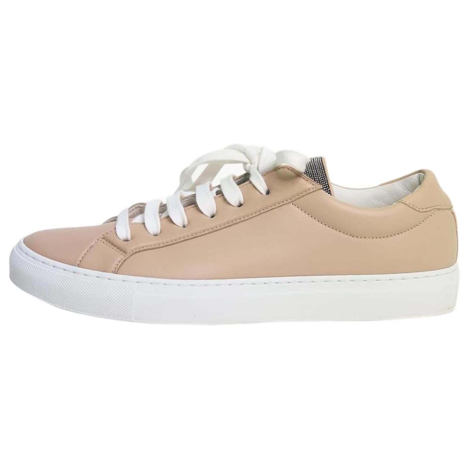 Brunello Cucinelli Beige Calf Leather Bos Taurus Low Top Sneakers