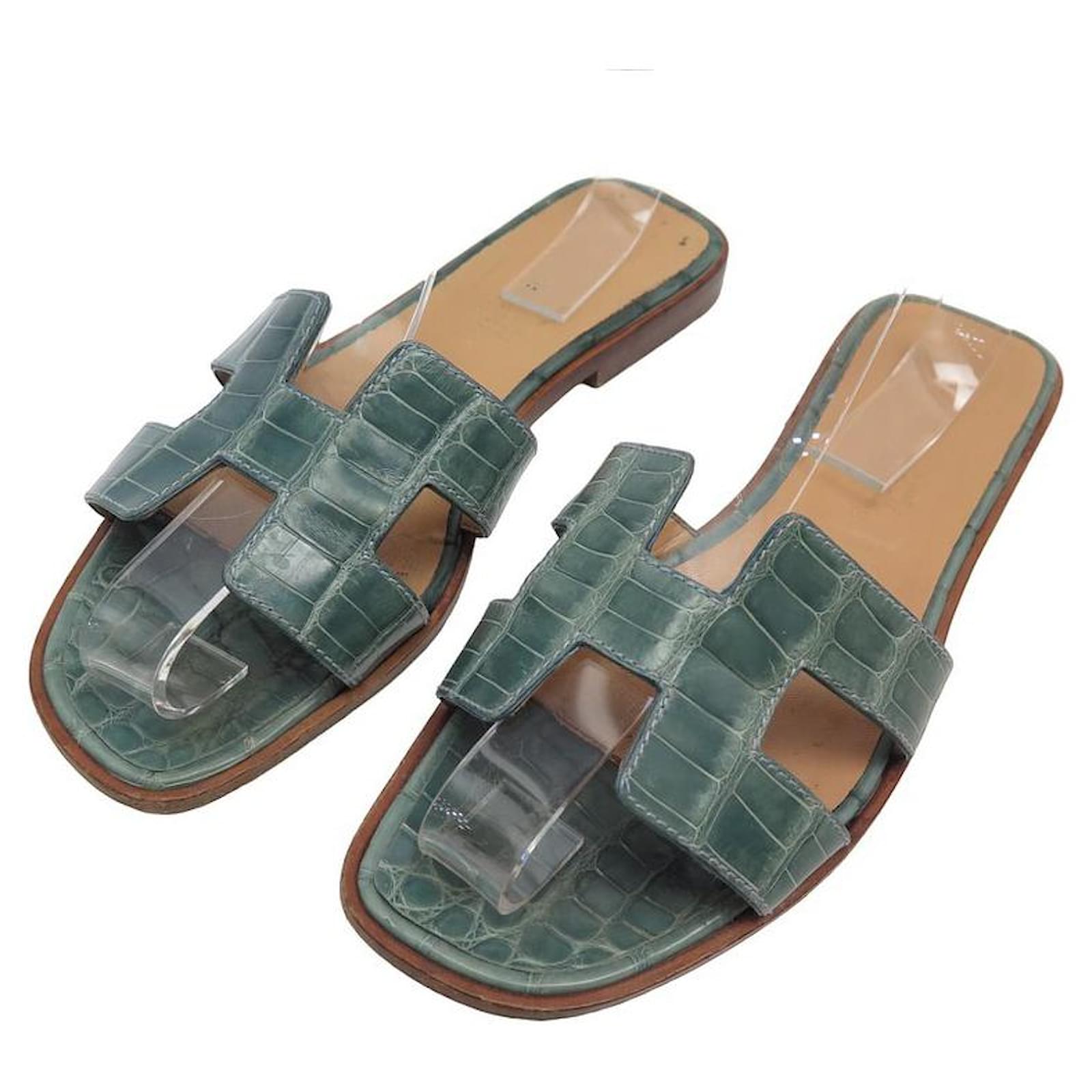 Hermès HERMES SANDALS MULES ORAN 37 BLUE CROCODILE LEATHER SHOES