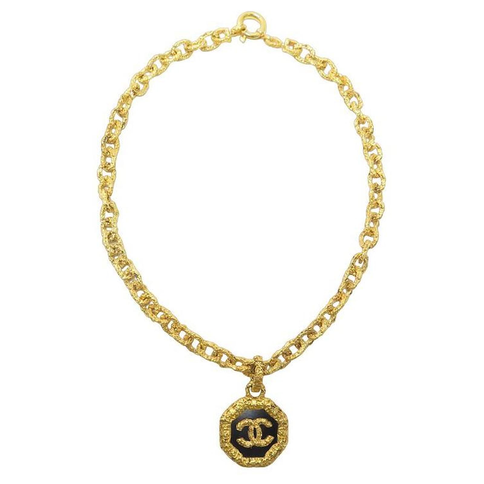 Chanel Vintage Gold Metal And Carved Wood Link CC Heart Necklace