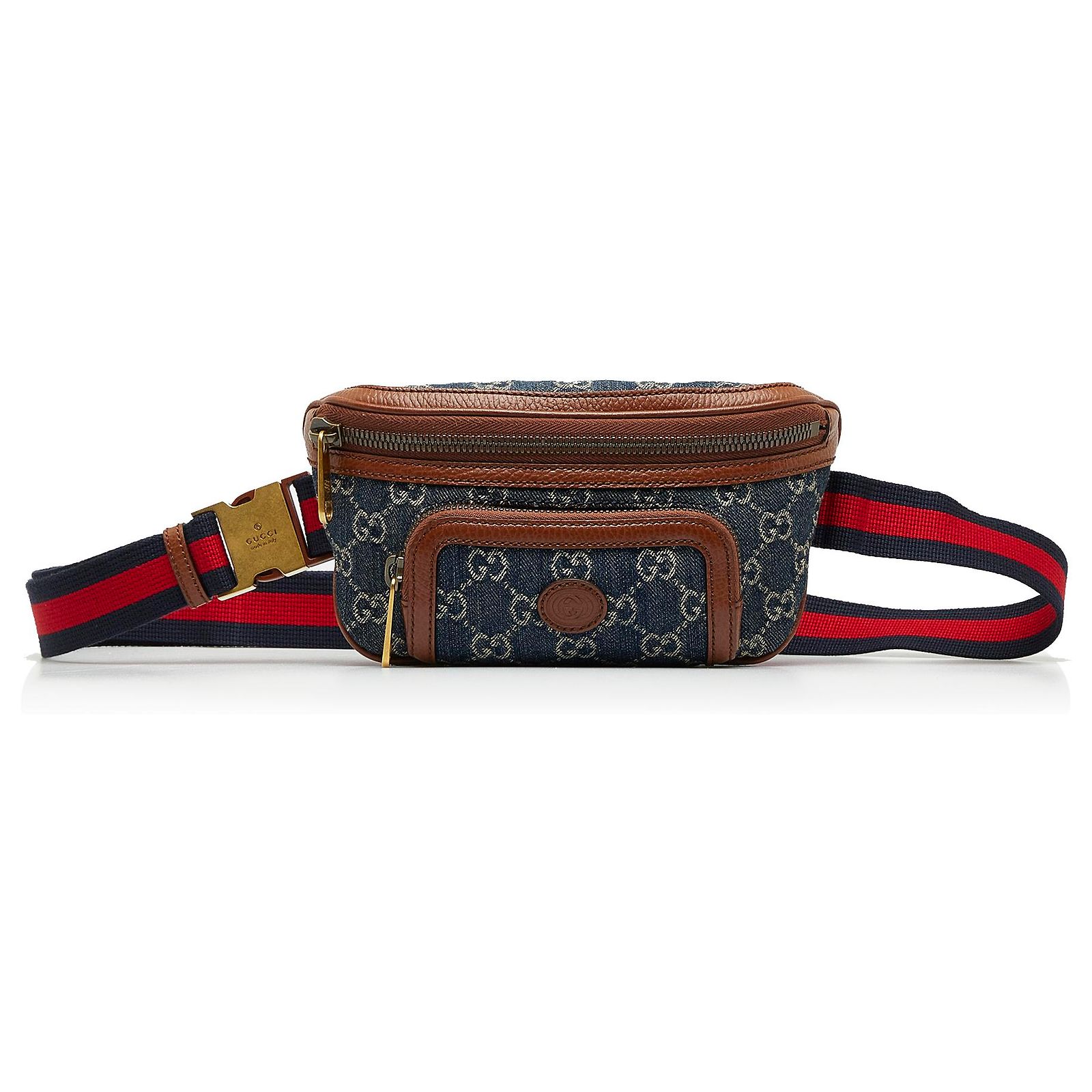 Gucci Blue GG Denim Web Belt Bag Brown Leather Pony-style  display picture 2