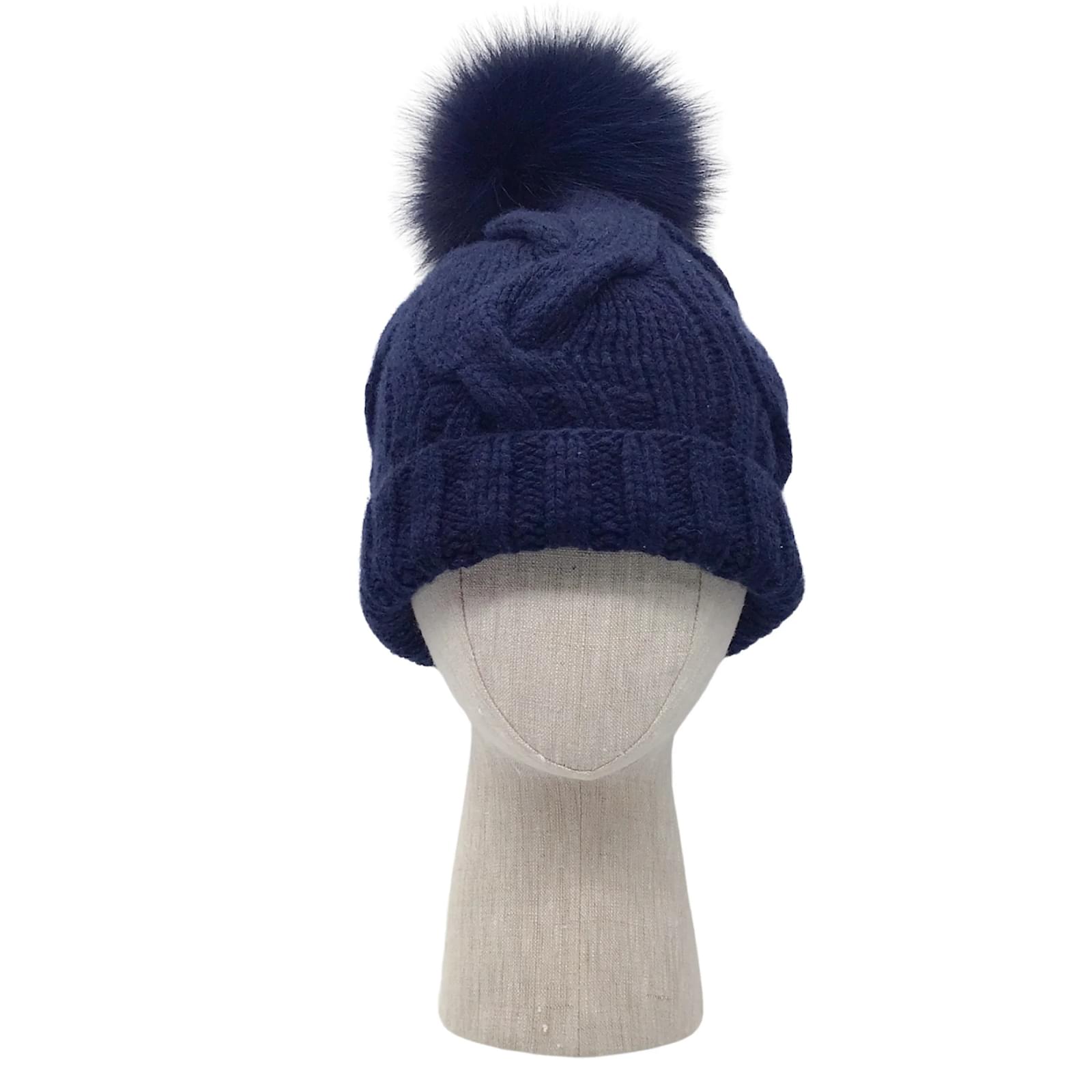 Loro Piana Navy Blue Fox Fur Trimmed Baby Cashmere Knit Beanie Hat