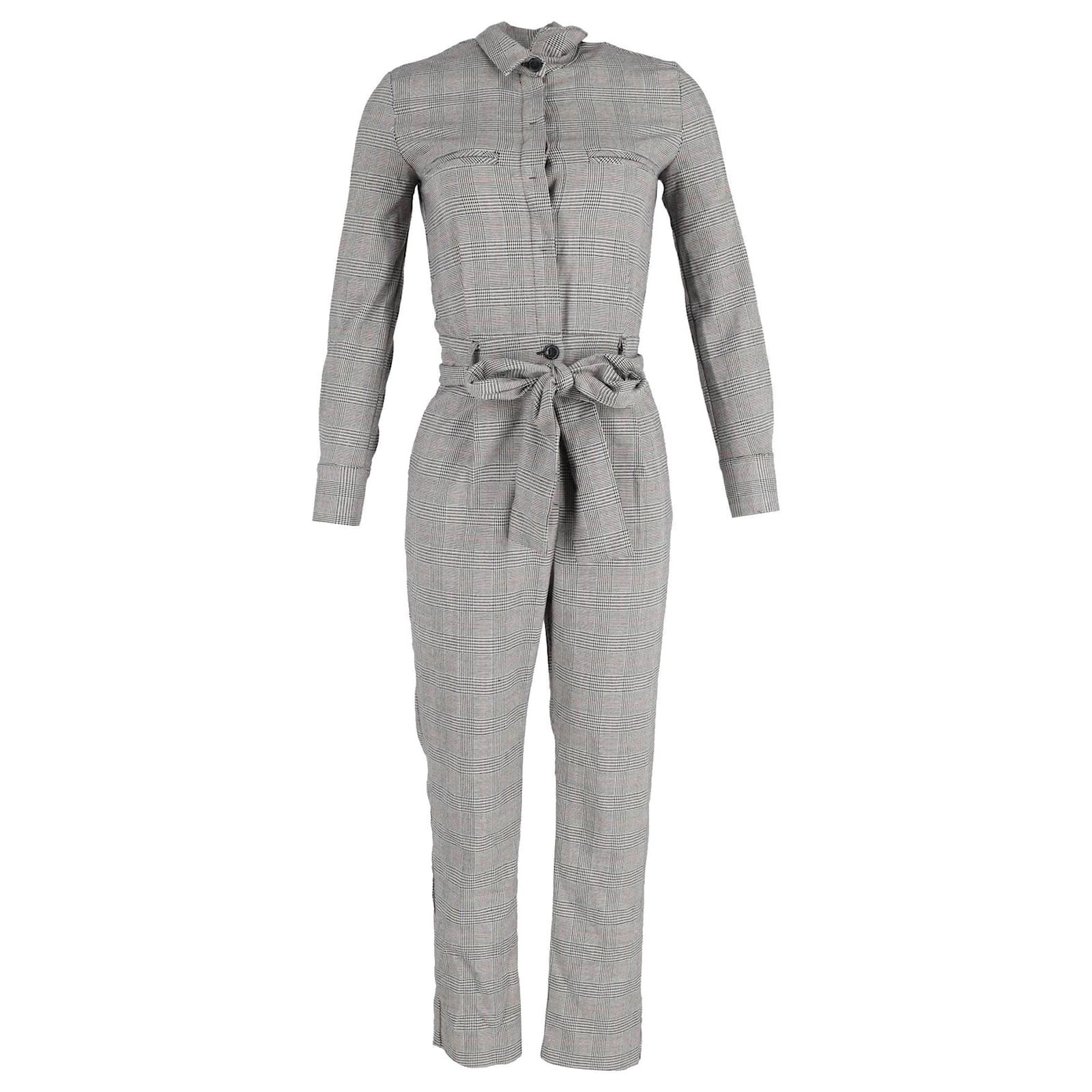 Iris Ink Plaid Belted Jumpsuit in Grey Cotton Joli