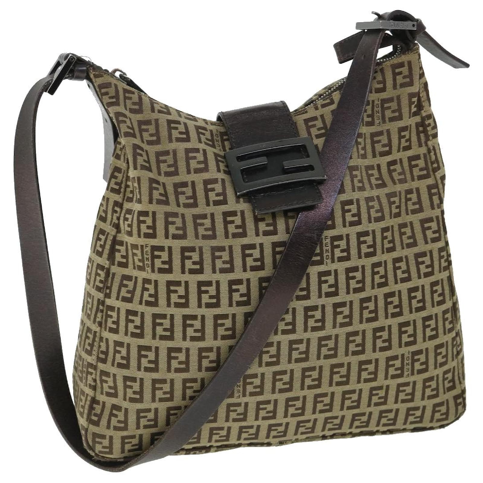 FENDI Zucchino Canvas Mamma Baguette Borsa a tracolla Marrone Auth