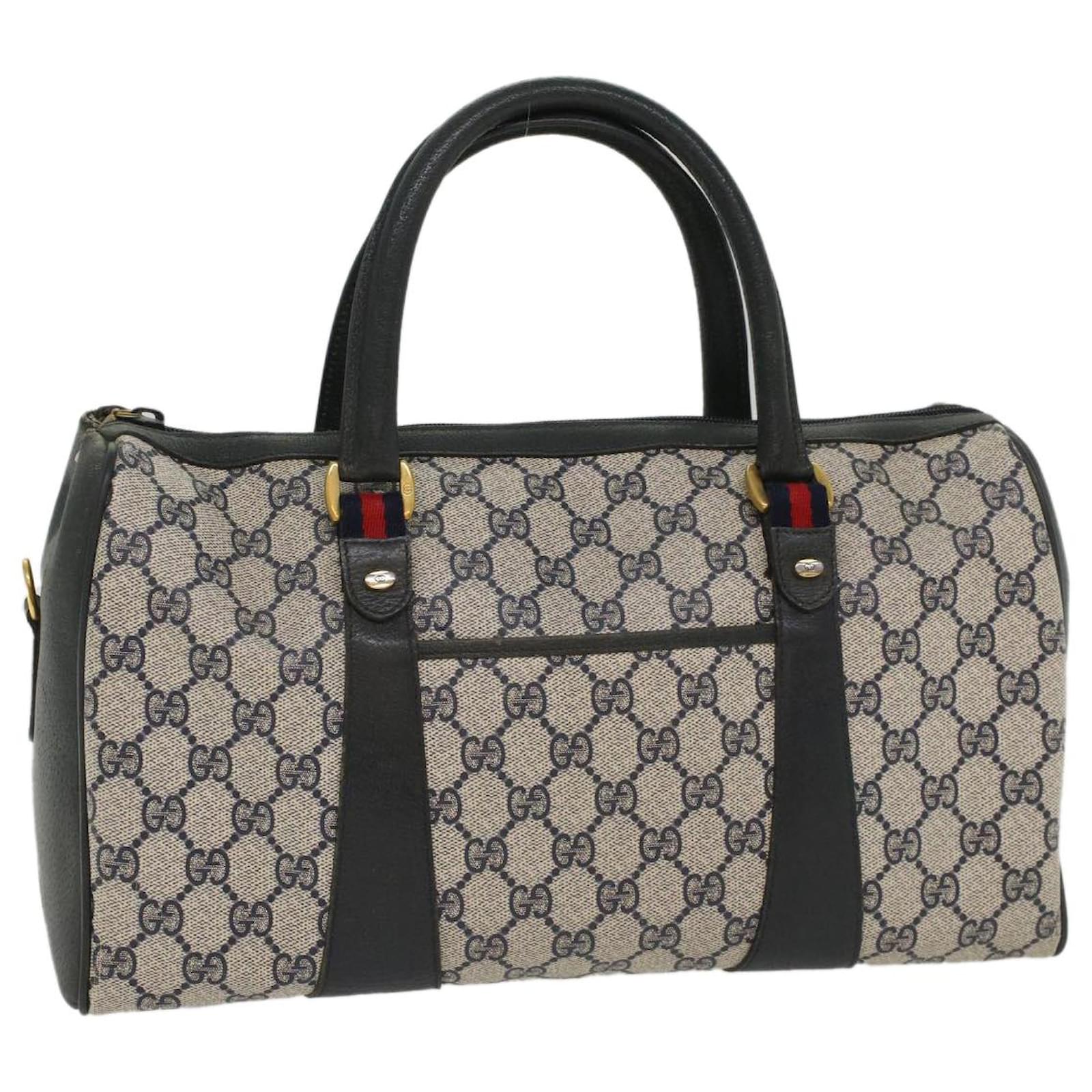 GUCCI GG Canvas Sherry Line Boston Bag PVC Leather Gray Red Navy