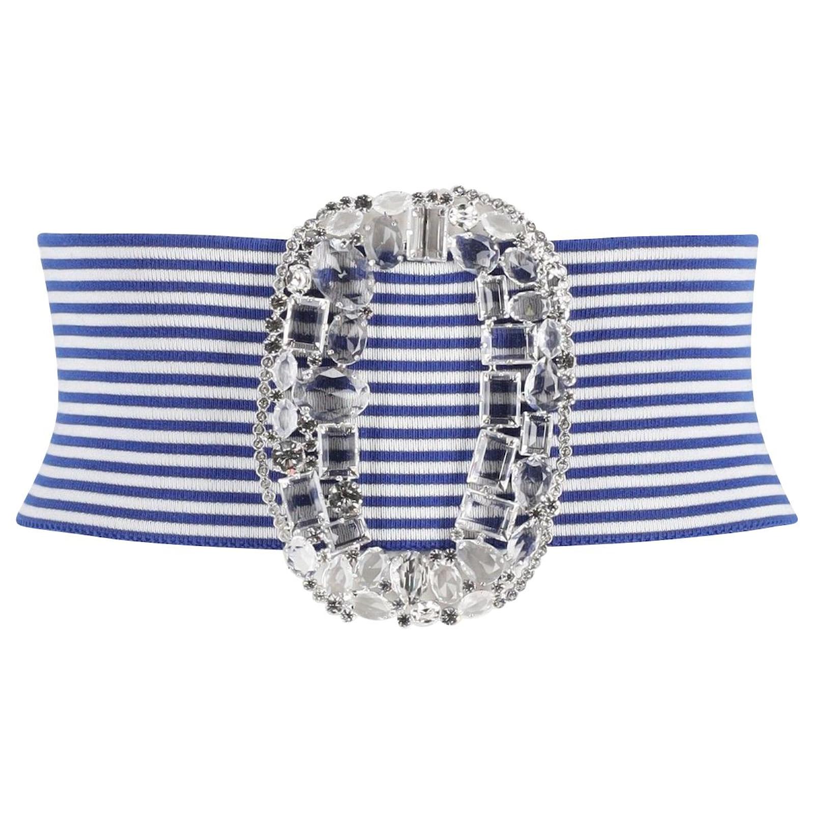 Alessandra Rich Elasticated Diamant Stripe Belt in Blue Cotton