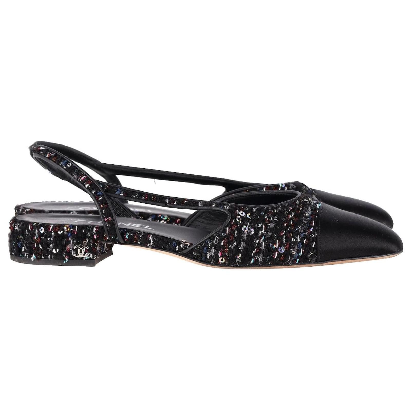 Chanel Cap Toe Slingback Flats in Black Tweed Cotton ref.1075633