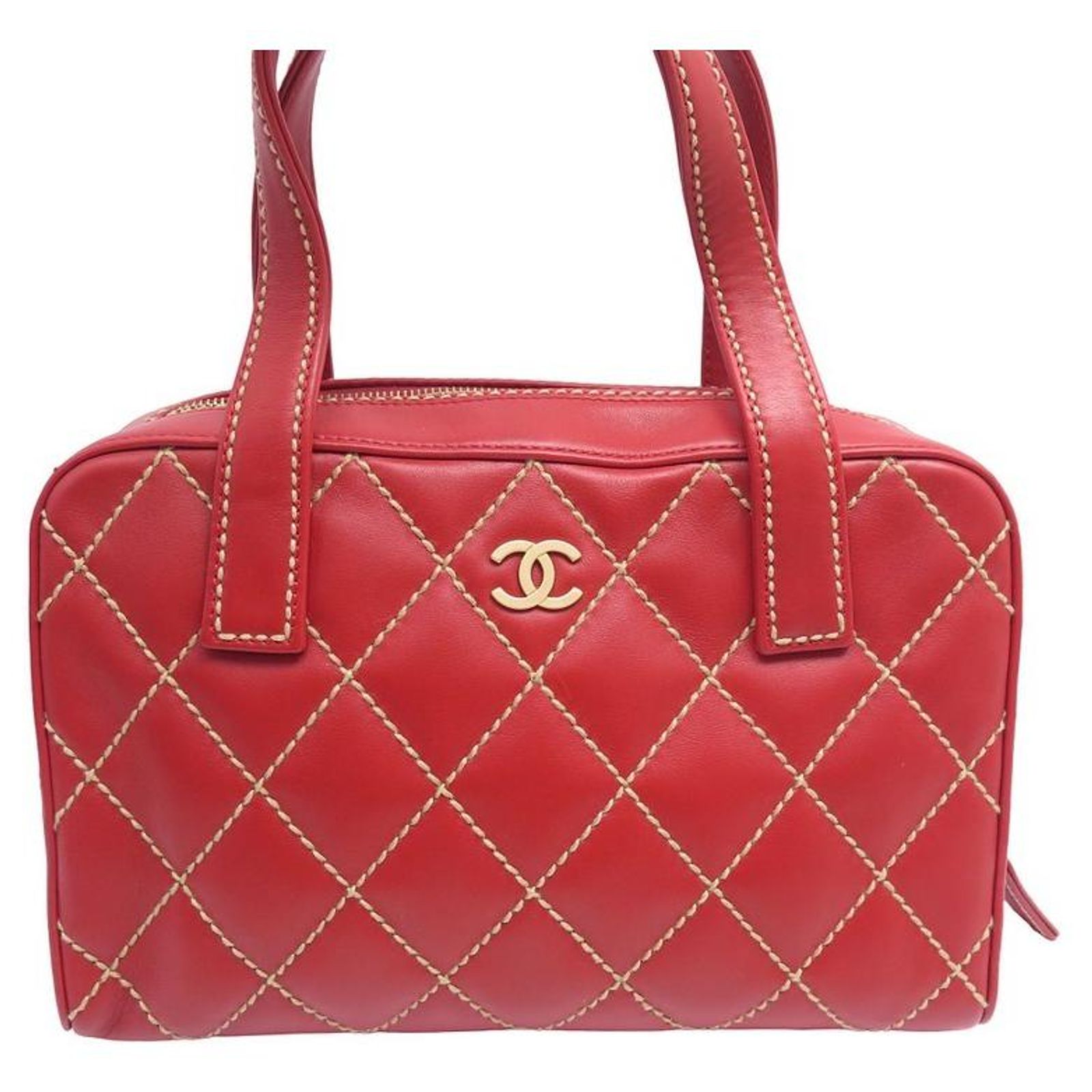 NEW CHANEL BOWLER WILD STITCH HANDBAG RED LEATHER QUILTED BAG PURSE Ref new-chanel-bowler-wild-stitch-handbag-red-leather-quilted-bag-purse-ref