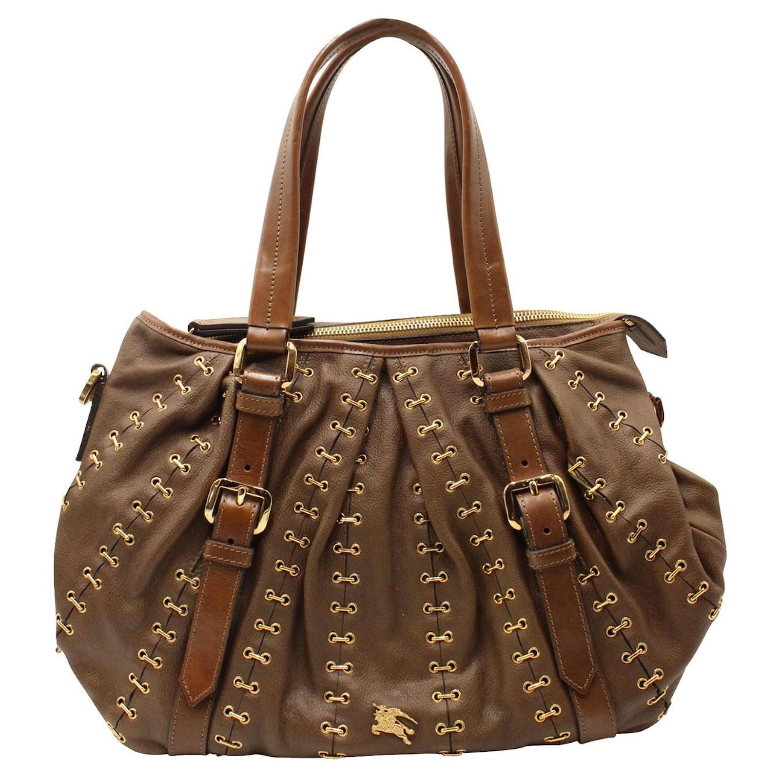 Burberry Vintage Brown Grained Leather Tote Bag with Golden Metallic Details ref.1083622 Joli Closet