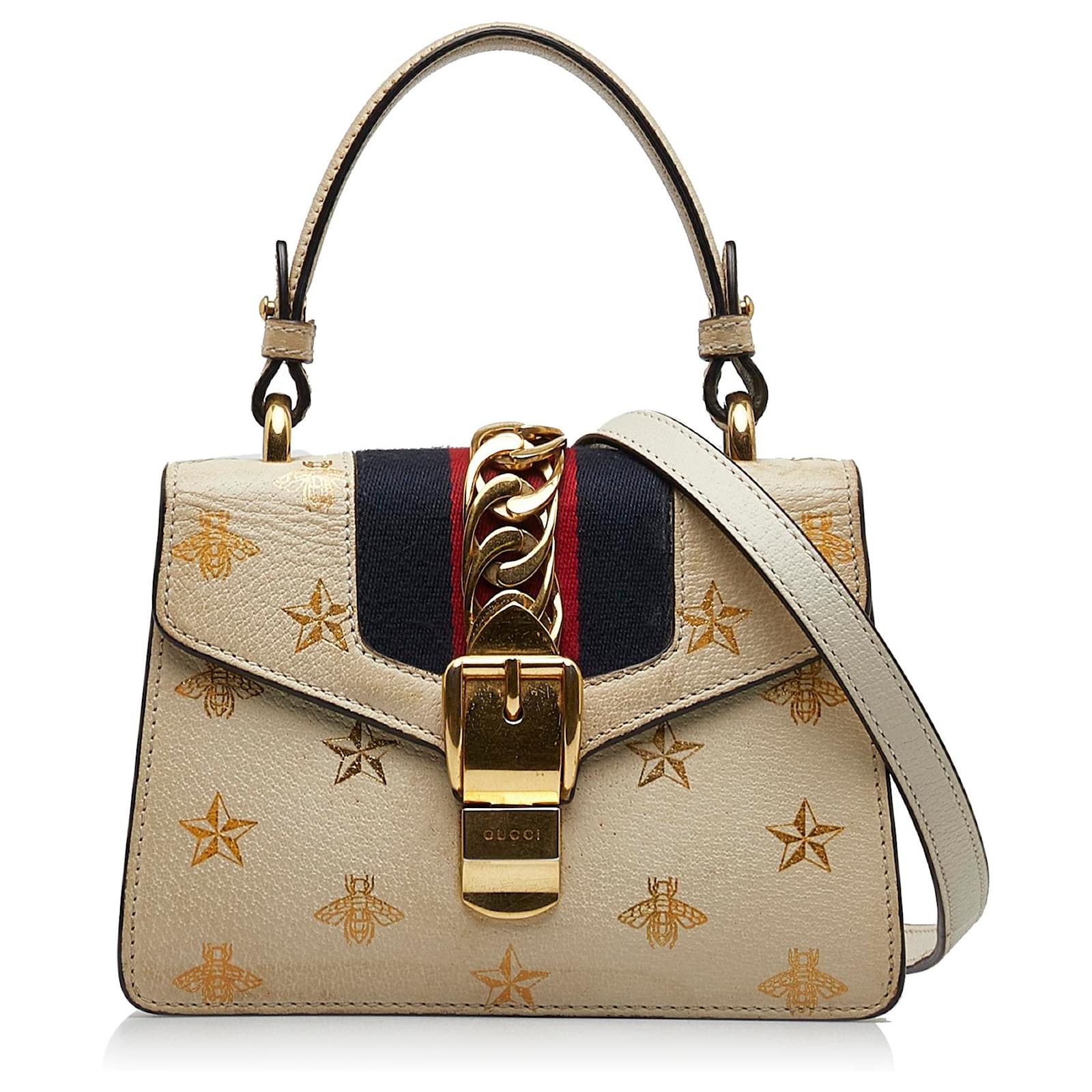 Gucci White Mini Sylvie Bee Star Top Handle Bag Leather Pony style