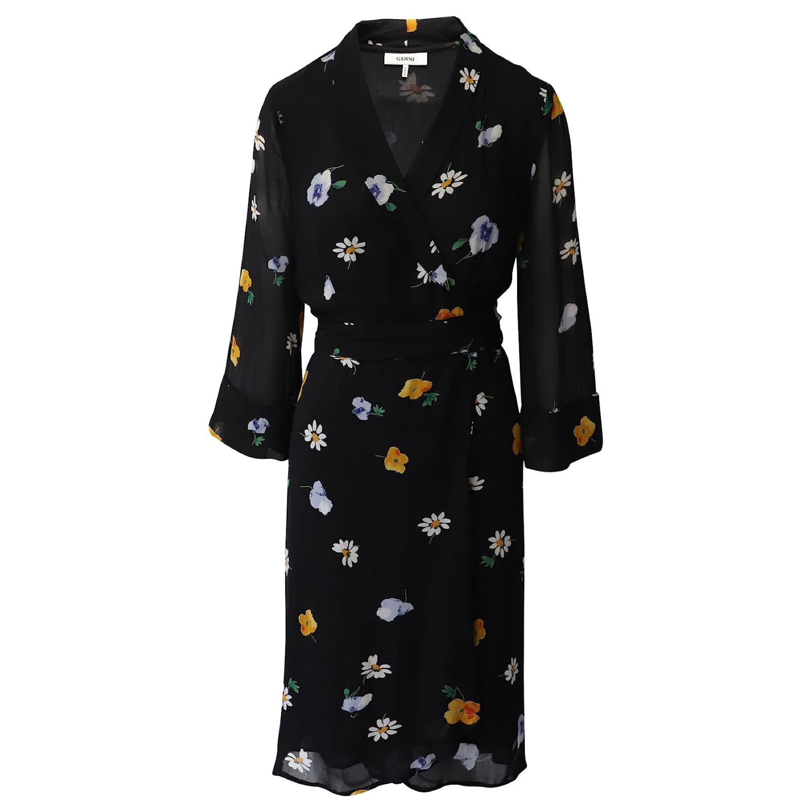 Robe mi longue Ganni Dainty Georgette en viscose noire