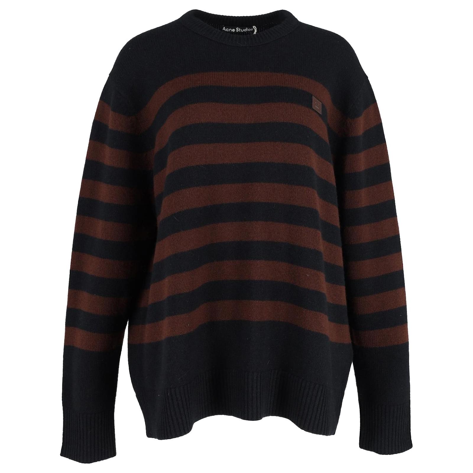 Acne Studios Face Patch Striped Sweater in Black and Brown Wool