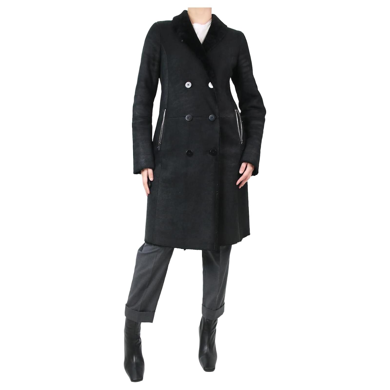 Emporio Armani Manteau en peau lain?�e noire ?� boutonnage doubl?� - taille UK 10 Cuir ref.1093661 