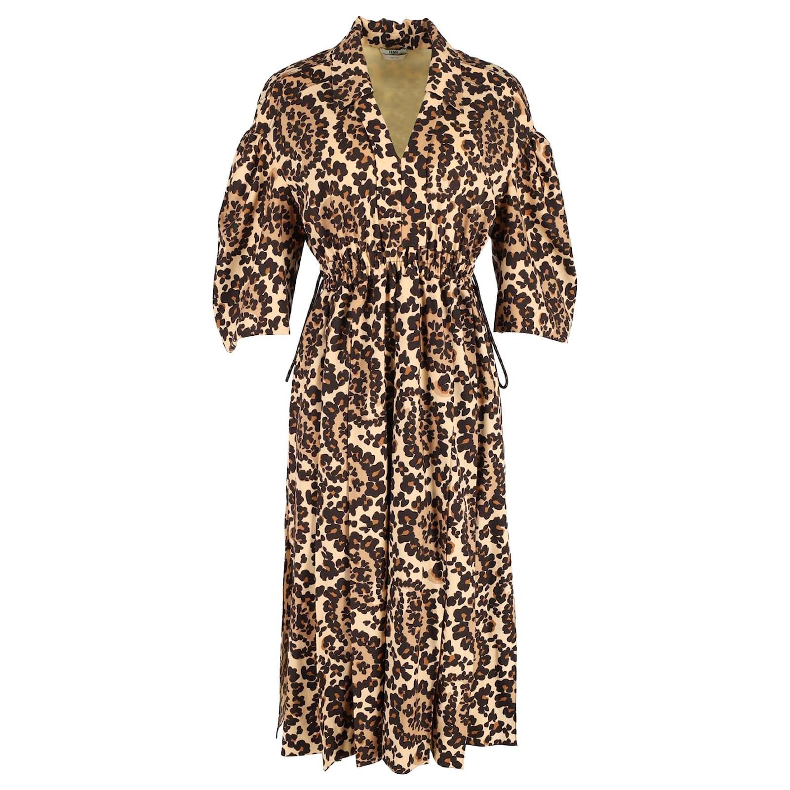 スカート FENDI Animal print dress Fendi Leopard-Print V-Neck Midi Dress in Brown Polyester ref
