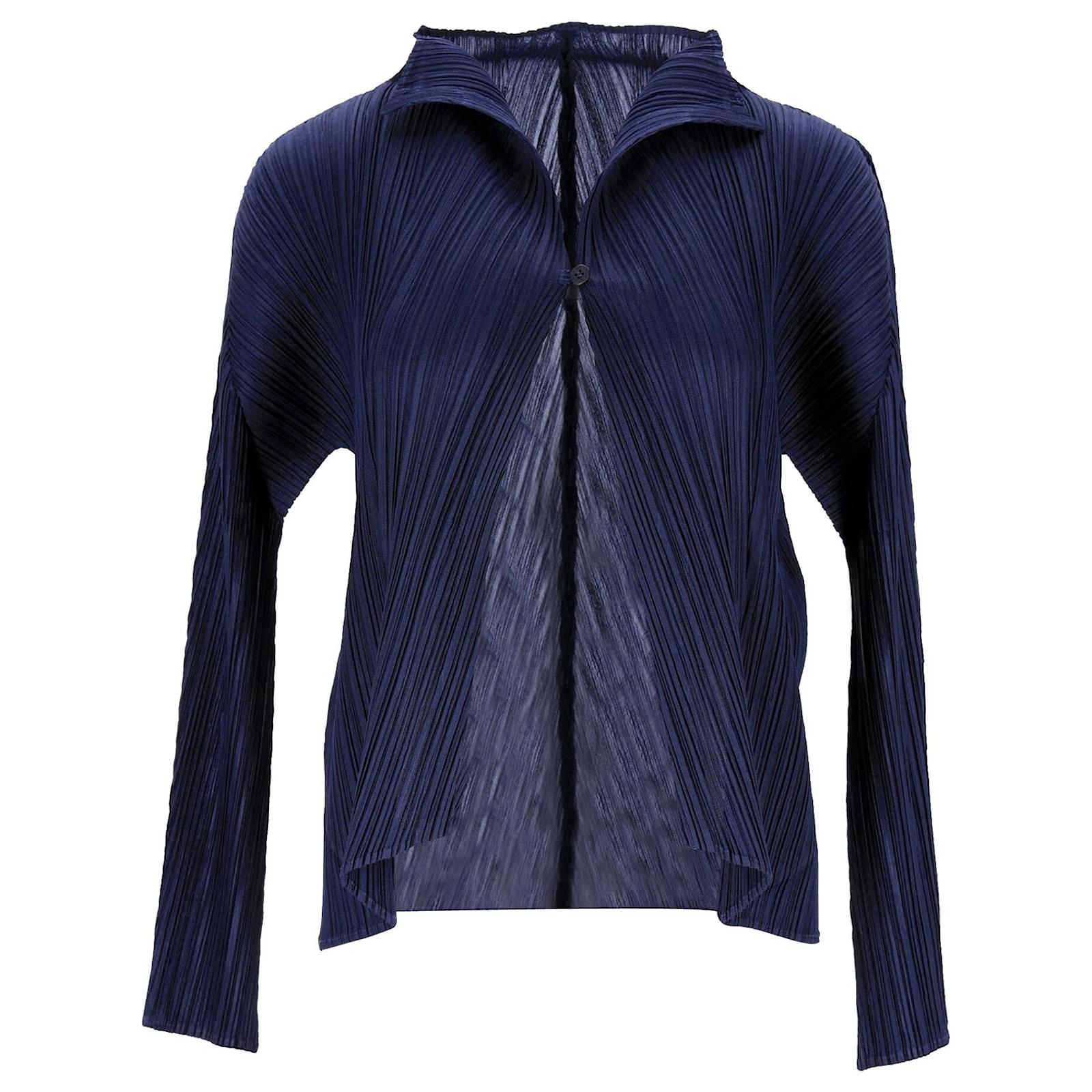 Issey Miyake Pleats Please Button Front Cardigan in Navy Blue