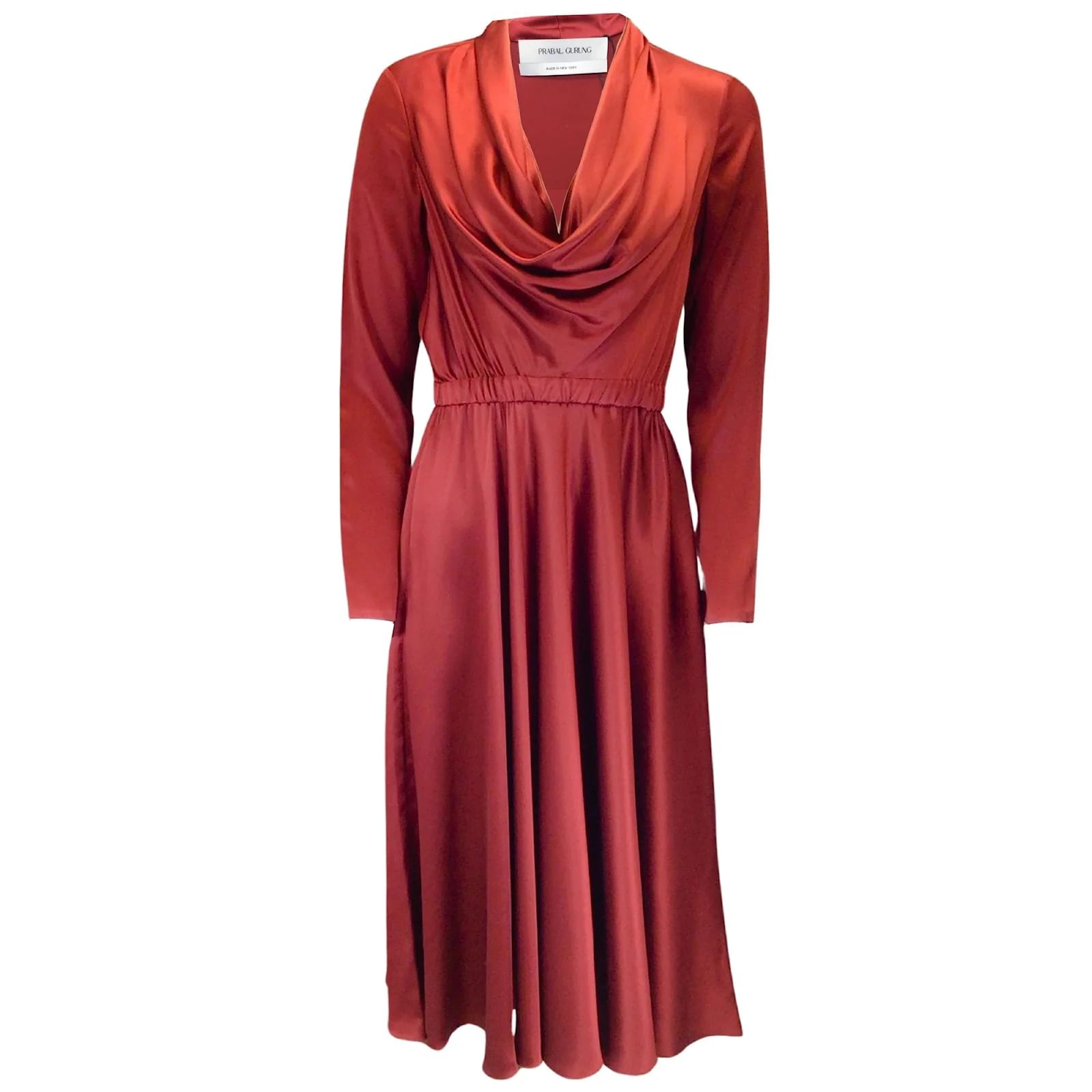 Prabal Gurung Maroon Long Sleeved Silk Midi Dress