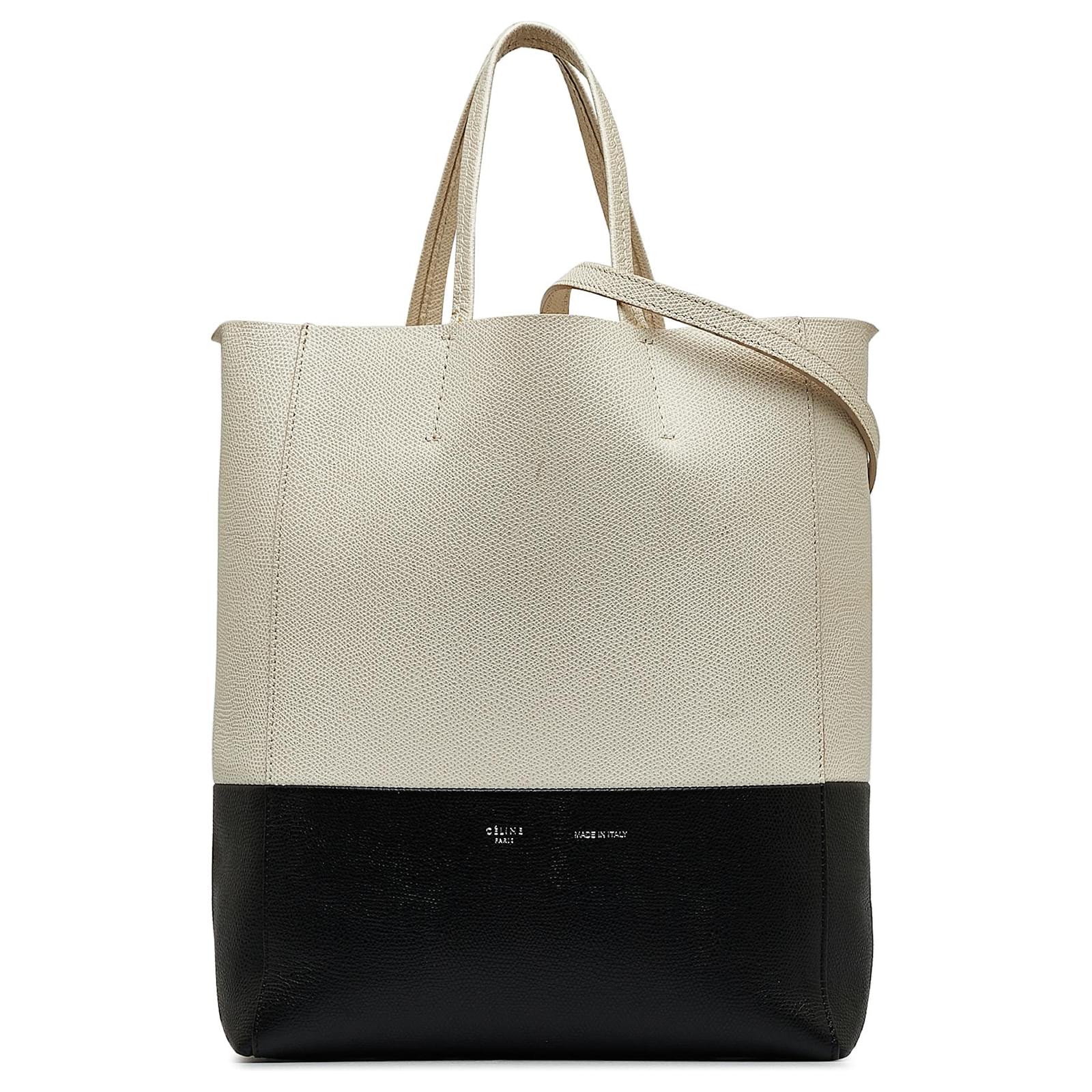 Céline Celine White Small Bicolor Vertical Cabas Black Leather Pony ...