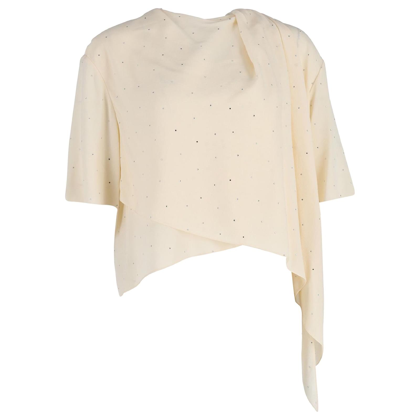 Céline Celine Top drapeado assimétrico embelezado com strass em seda creme  Branco Cru ref.1100835 - Joli Closet