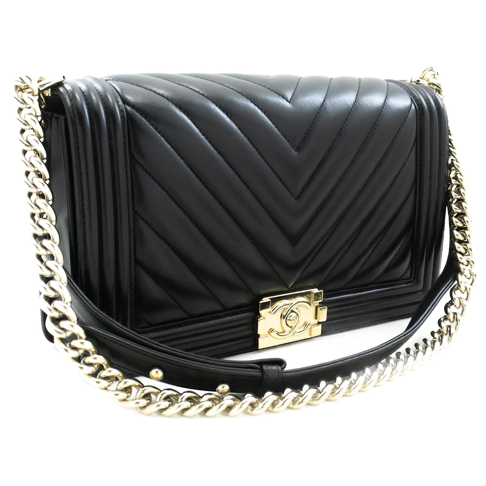 CHANEL Boy V Stitch Chain Shoulder Bag Black Quilted Flap calf leather