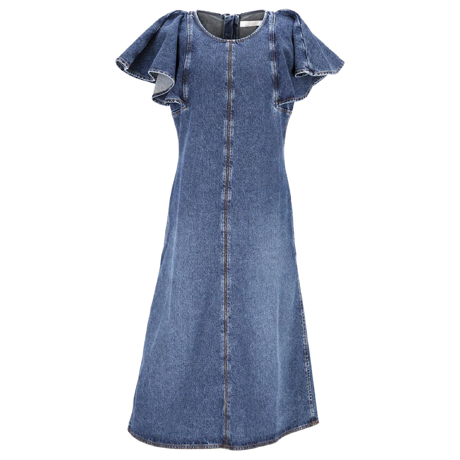 Chlo Flutter Sleeve Dress in Blue Denim Navy blue Cotton ref.JC1112320  (Sold) - Joli Closet