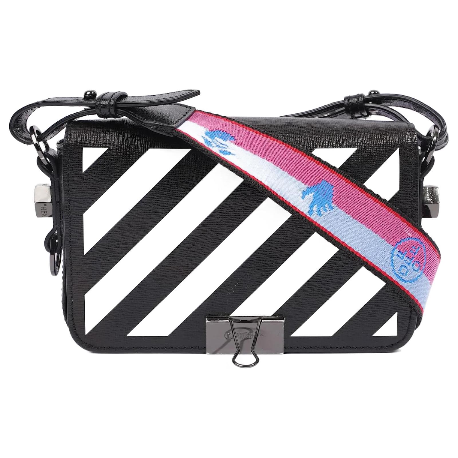 Off White Binder Clip Flap Bag Striped Black / White Leather