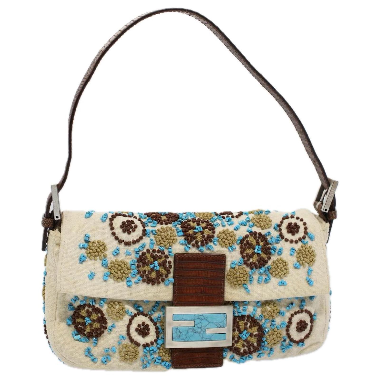 FENDI Mamma Baguette Shoulder Bag Canvas Brown White Auth