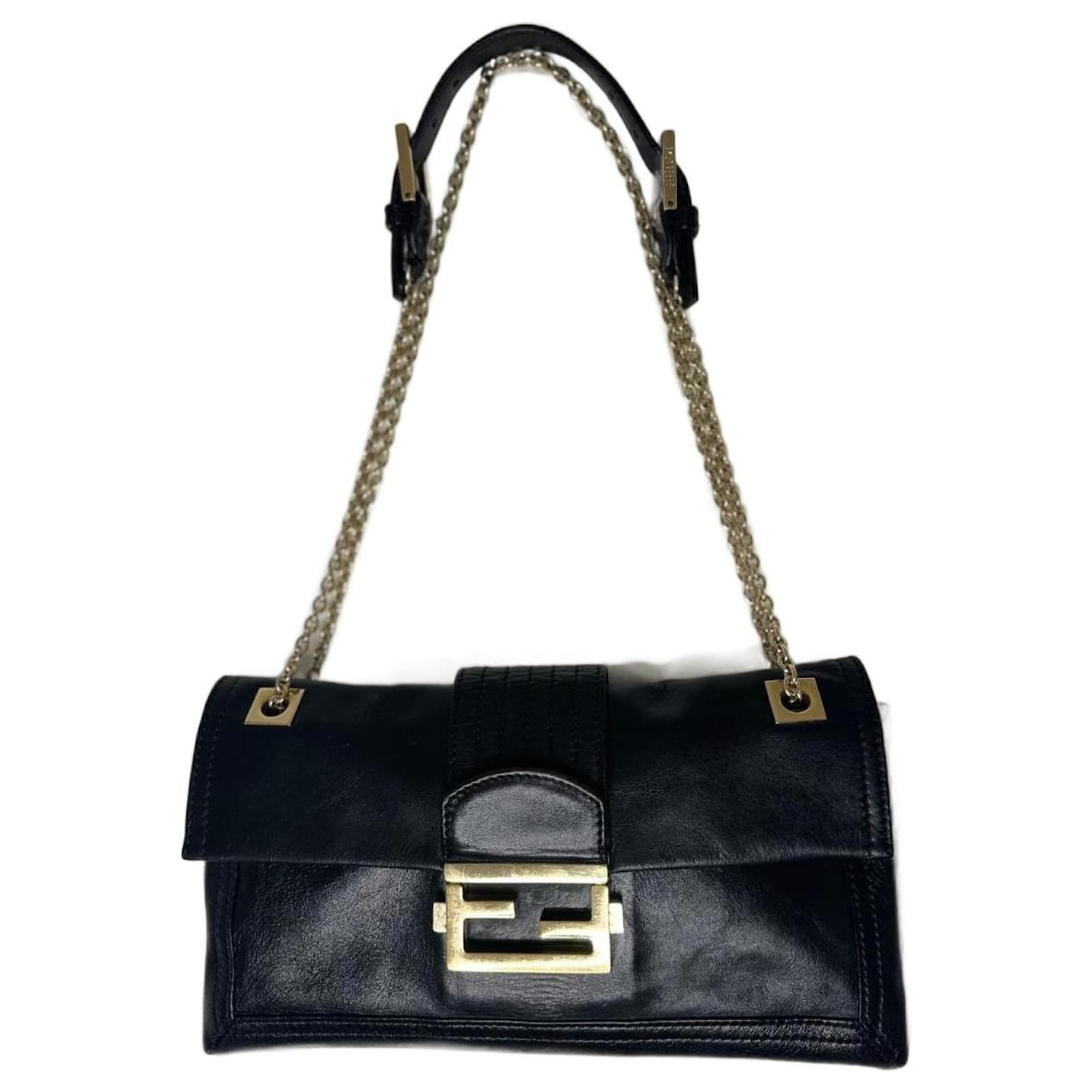 Fendi Black Leather Baguette x Gold Chain Flap Shoulder Bag