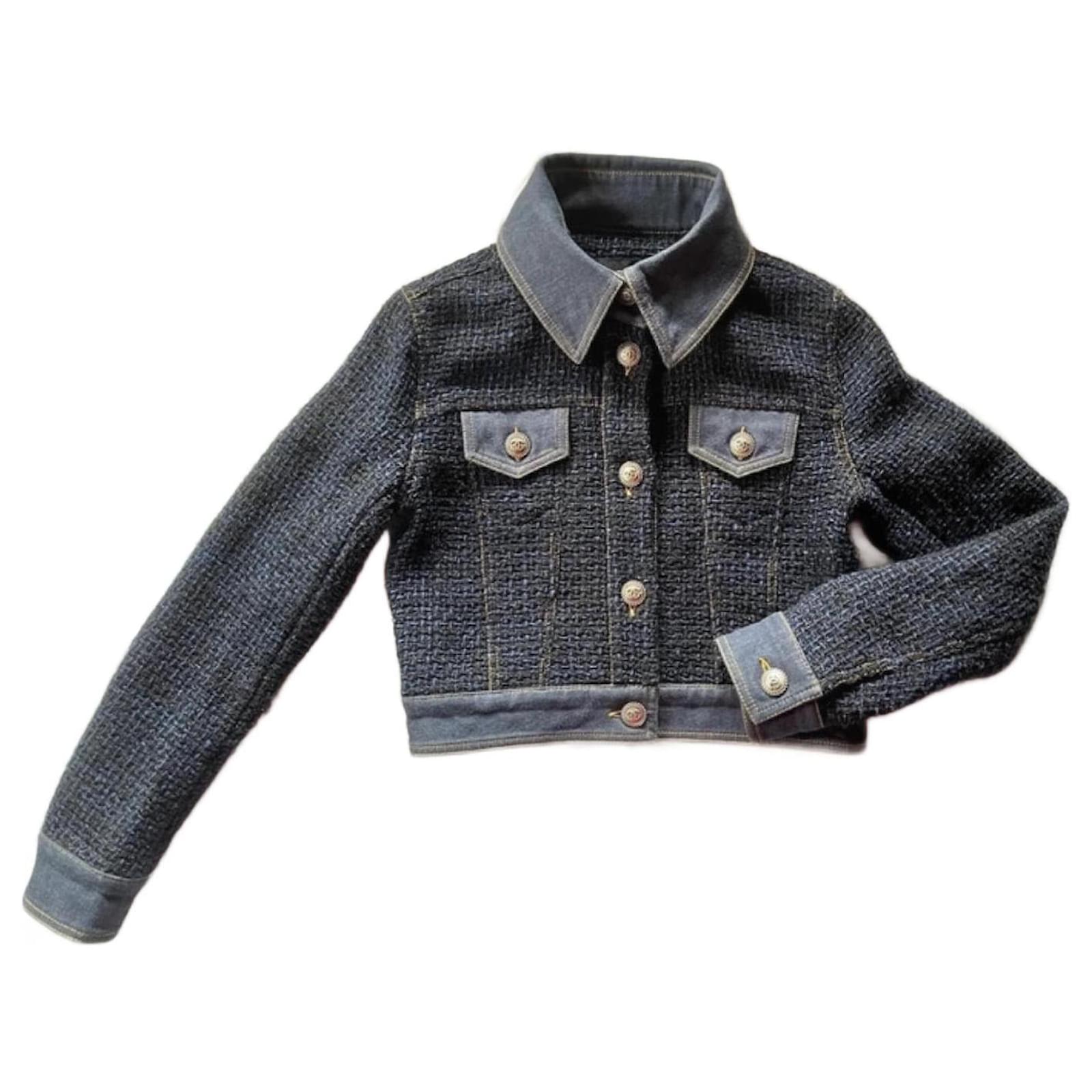 Chanel 18P FANTASY TWEED / denim jacket Blue Silk Cotton Polyamide