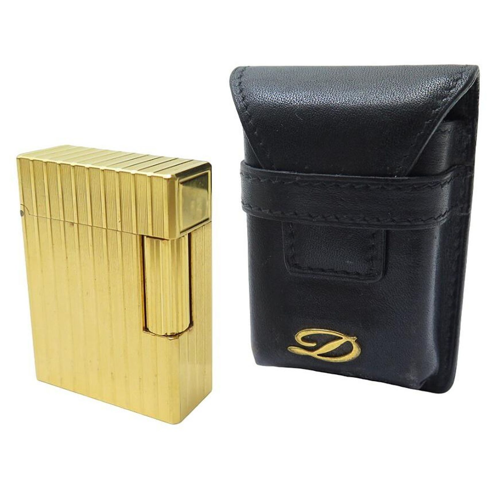 VINTAGE LIGHTER ST DUPONT LINE 1 IN GOLD PLATE GOLDEN LIGHTER LEATHER CASE Goldplated ref