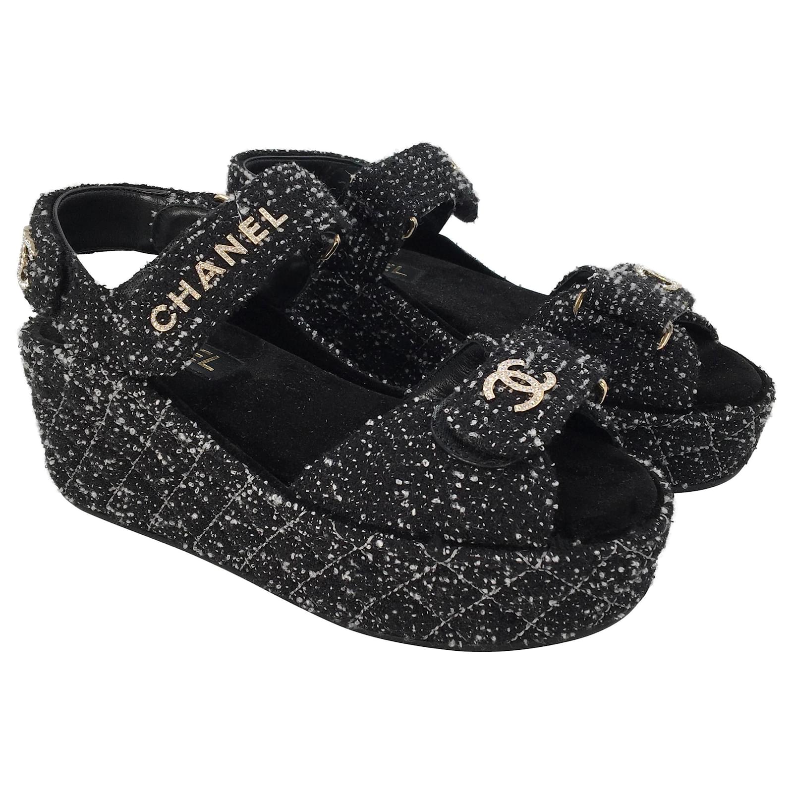 Chanel platform Dad sandals in b&w tweed with crystal logo Black