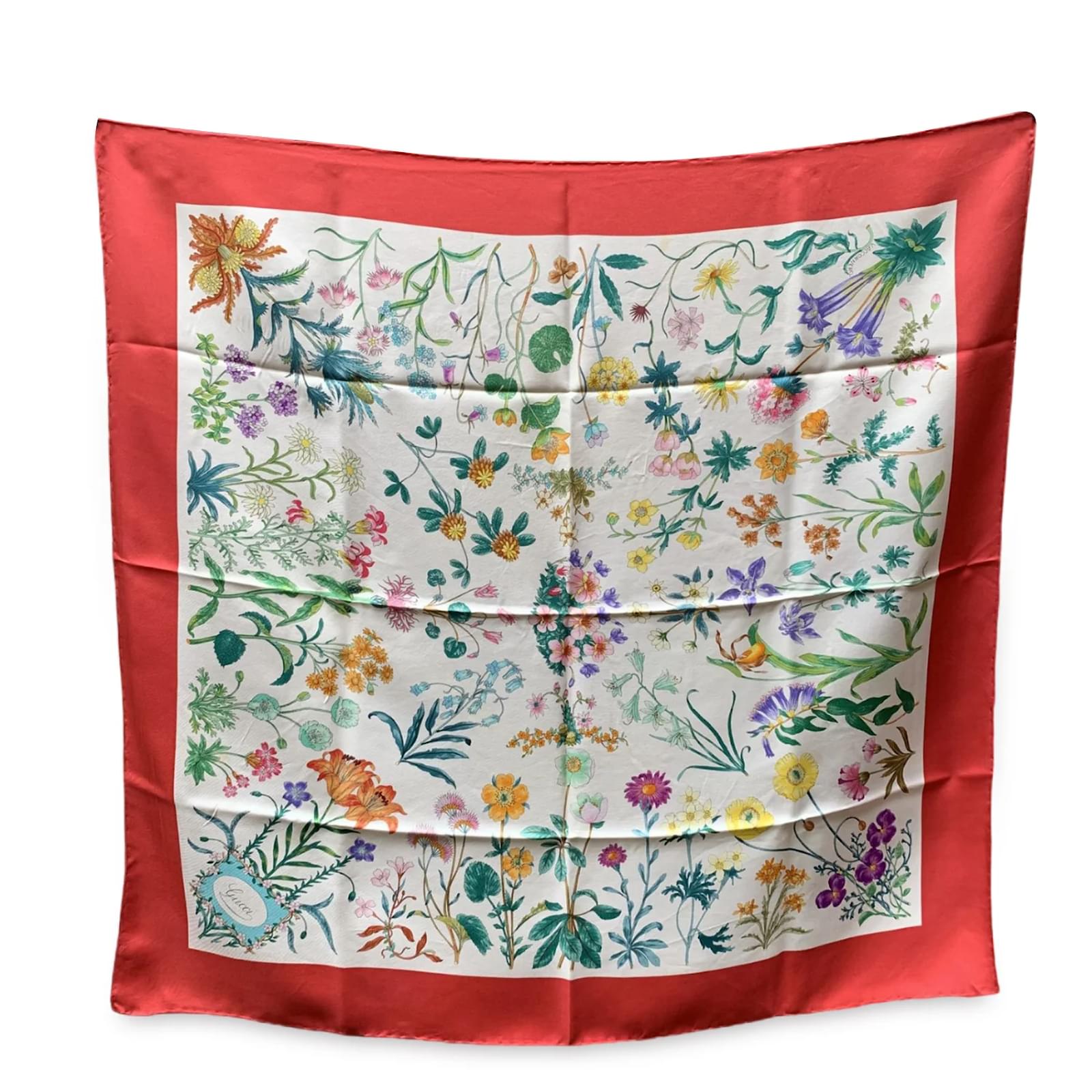 Gucci Vintage Red Floral Silk Scarf Fiori delle Alpi 1980