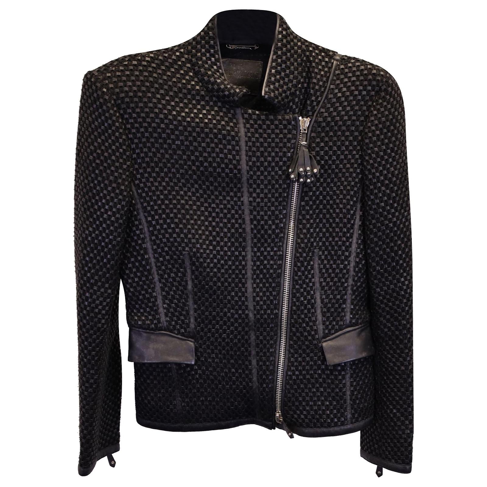 Giorgio Armani Woven Asymmetric Zip Jacket in Black Lambskin Leather  ref.1127102 - Joli Closet