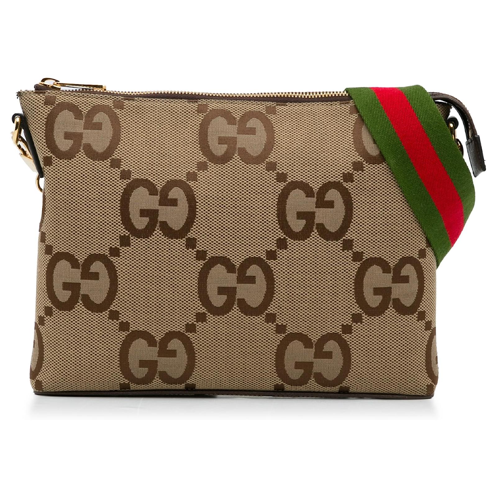 Gucci Brown Jumbo GG Canvas Crossbody Bag Beige Leather